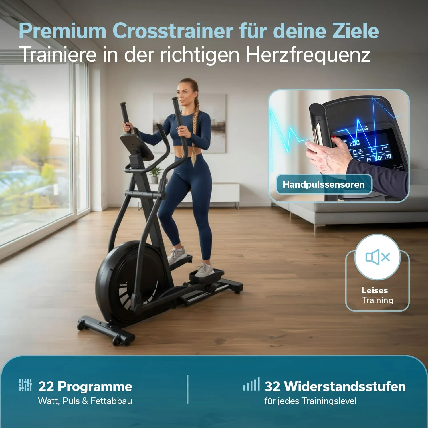 Crosstrainer in einem hellen Raum, mit einer Person, die darauf trainiert. Neben dem Gerät sind Informationen zu Programmen und Widerstand.