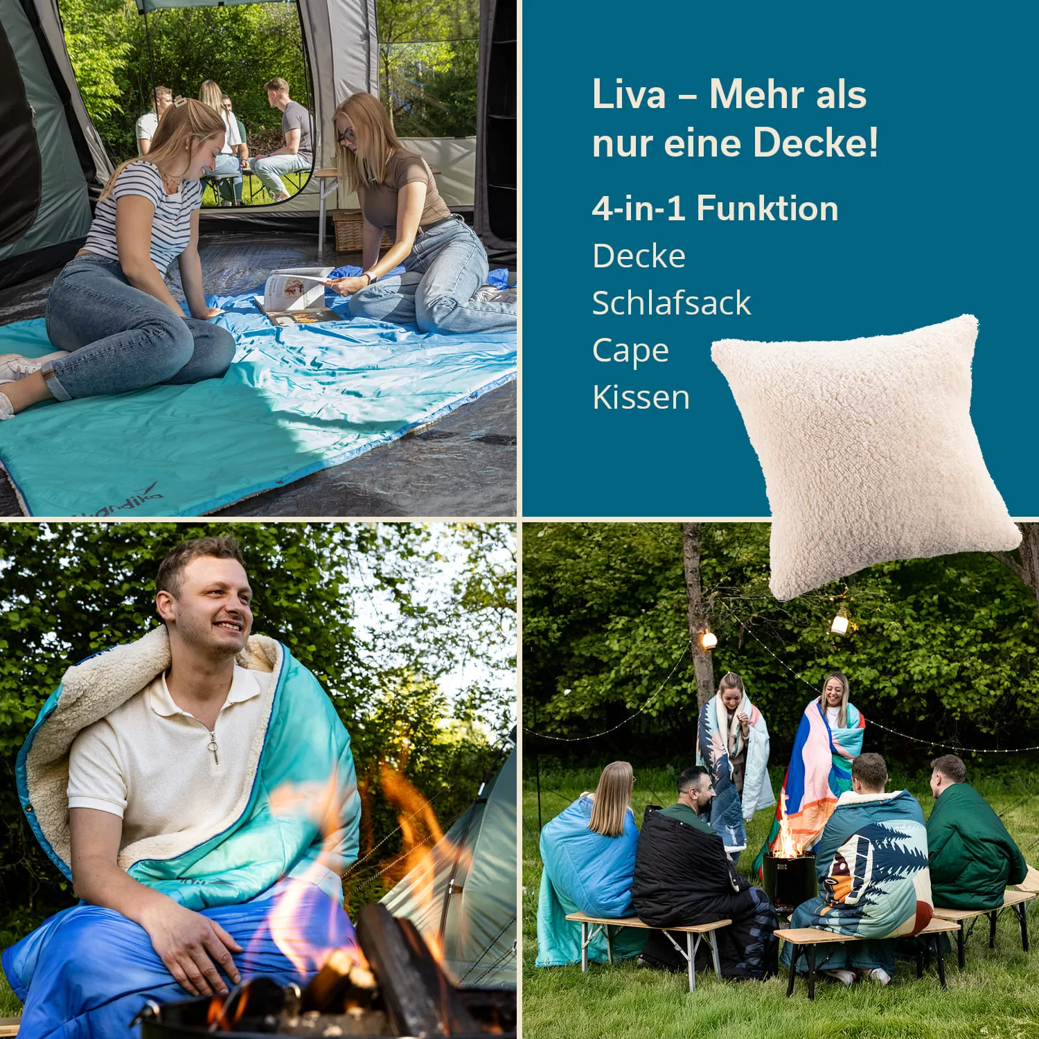 Zwei Frauen sind in einem Zelt auf einer Decke beschäftigt. Unten links sitzt ein Mann mit einer Decke und blickt lächelnd in die Kamera. Unten rechts versammeln sich mehrere Personen um ein Lagerfeuer, einige sind ebenfalls in Decken gehüllt.