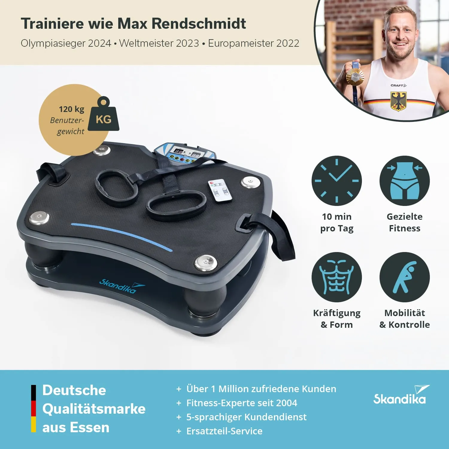 Vibrationsplatte mit verschiedenen Bedienelementen und Riemen, beschriftet mit Fitnessinformationen und Markenlogo.