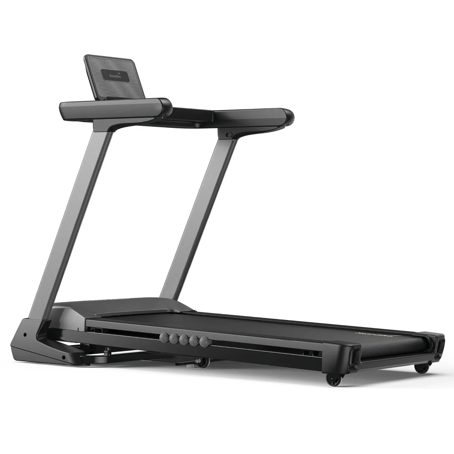 Laufband mit einem stabilen Gestell aus Metall, einer breiten Lauffläche und einer Anzeigehalterung oben.