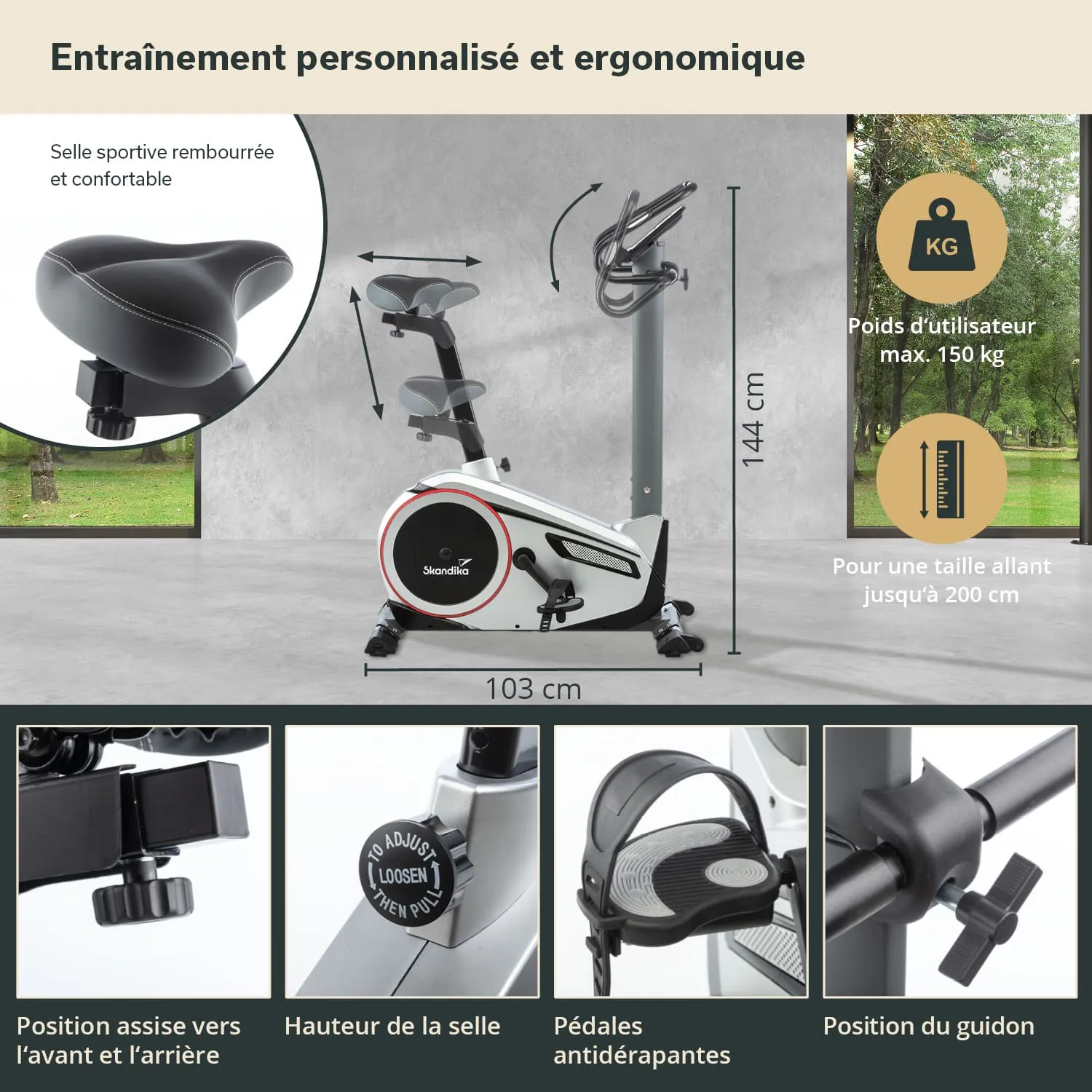 Ergometer mit verstellbarem Sitz und Lenker, rutschfesten Pedalen und maximaler Nutzergewichtskapazität von 150 kg.