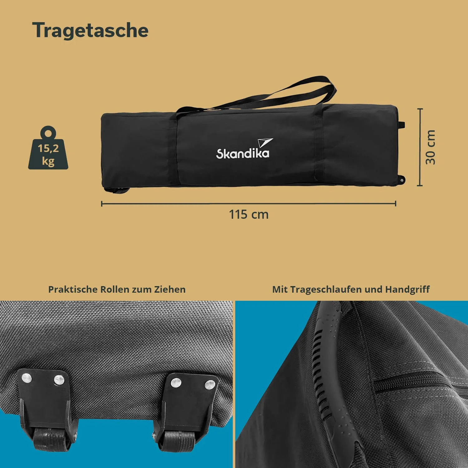 Schwarze Tragetasche mit Rollen, 115 cm lang und 30 cm hoch. Hersteller: Skandika. Gewicht: 15,2 kg. Detailansichten der Trageelemente.