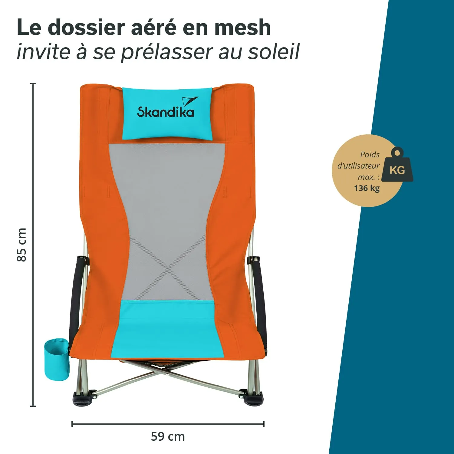 Faltstuhl mit orangefarbener Polsterung, grauem Mesh-Rücken und türkisfarbener Unterkante. Seitlich eine Becherhalterung. Maße: 85 cm Höhe, 59 cm Breite.