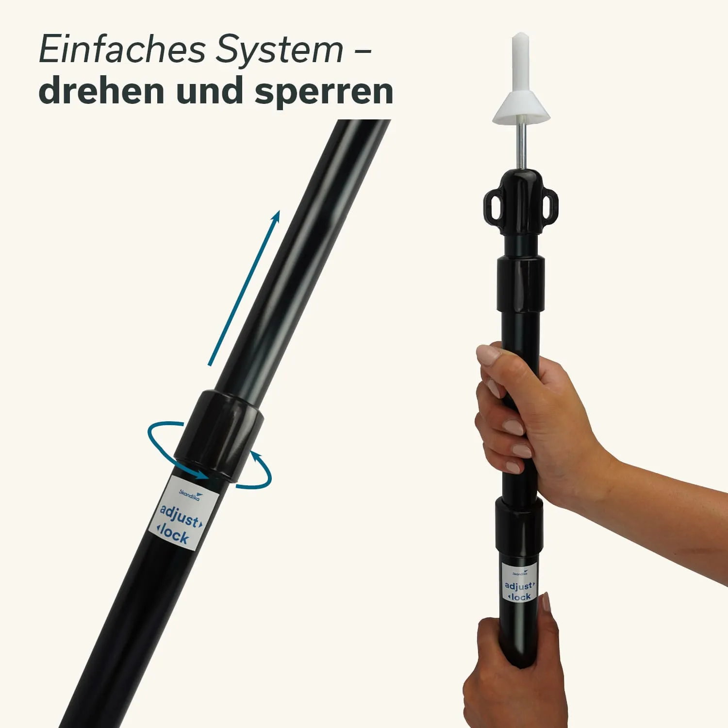 Schwarzer Teleskopstab mit einer Hand, die den unteren Teil hält. Oben eine weiße Spitze, mit Hinweis auf das Dreh- und Sperrsystem.