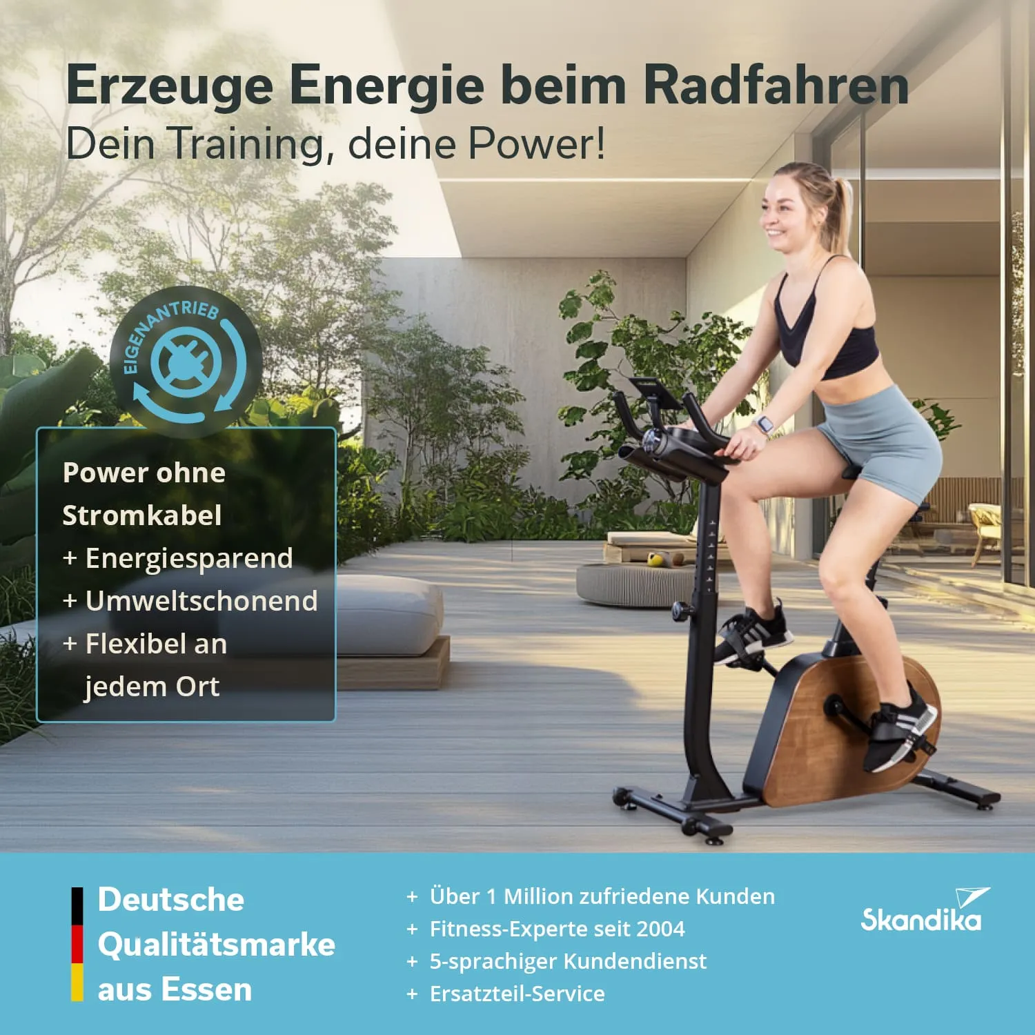 Person auf einem Heimtrainer in einem stilvollen Raum mit Pflanzen. Textinformationen zu Energieerzeugung und Marke.