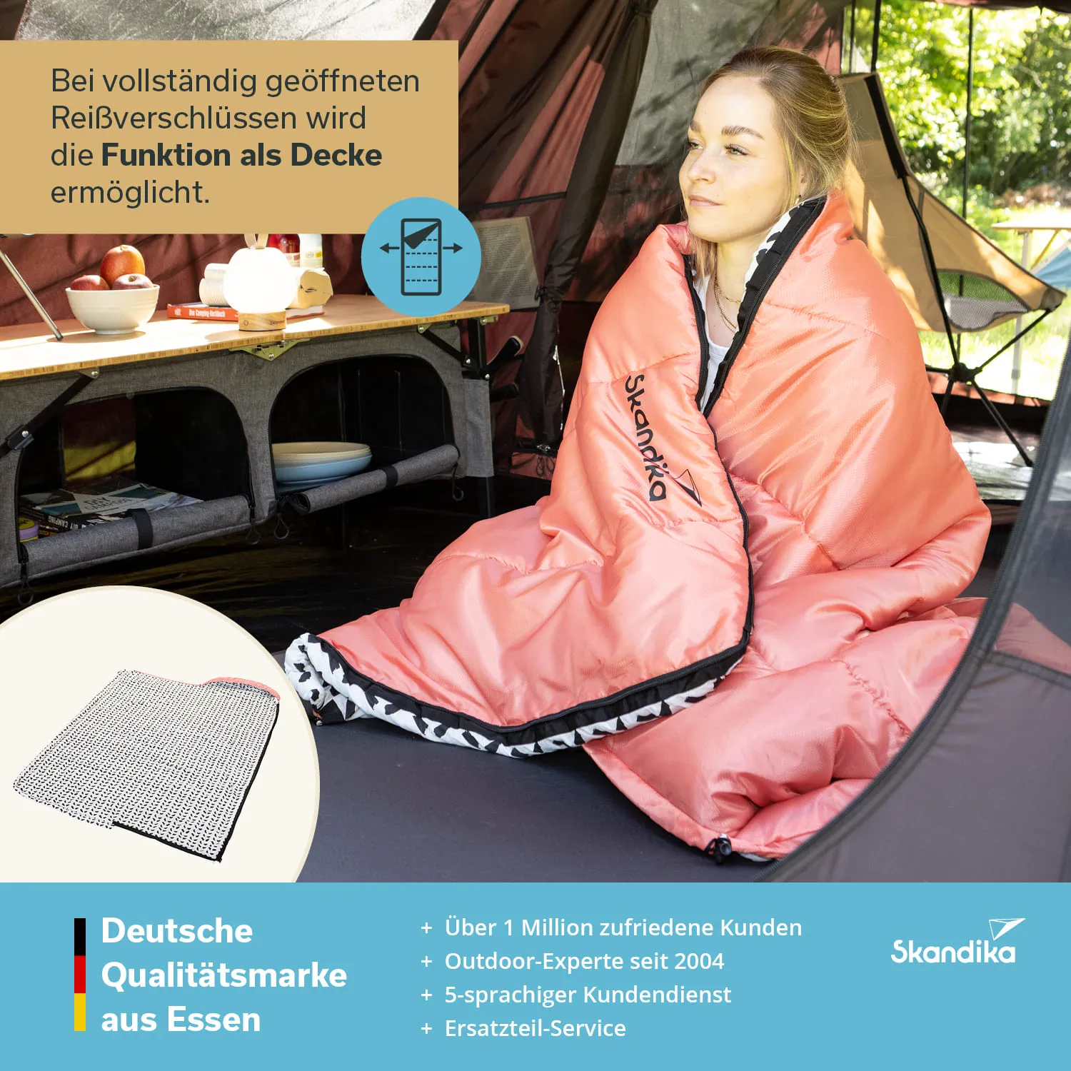 Eine Person sitzt in einem Zelt und trägt einen orangenen Schlafsack. Im Hintergrund sind ein Tisch mit Geschirr und eine zweite Sitzgelegenheit sichtbar.