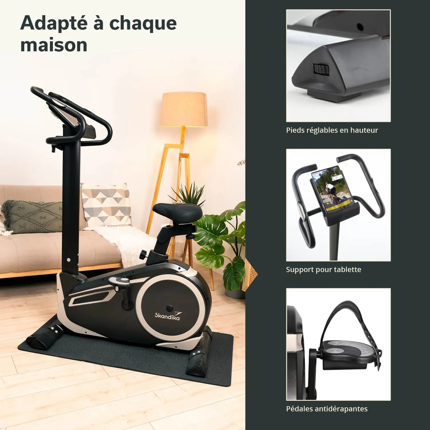 Crosstrainer auf einem Teppich in einem Wohnraum, mit einem Sofa, Pflanze und Stehlampe im Hintergrund.