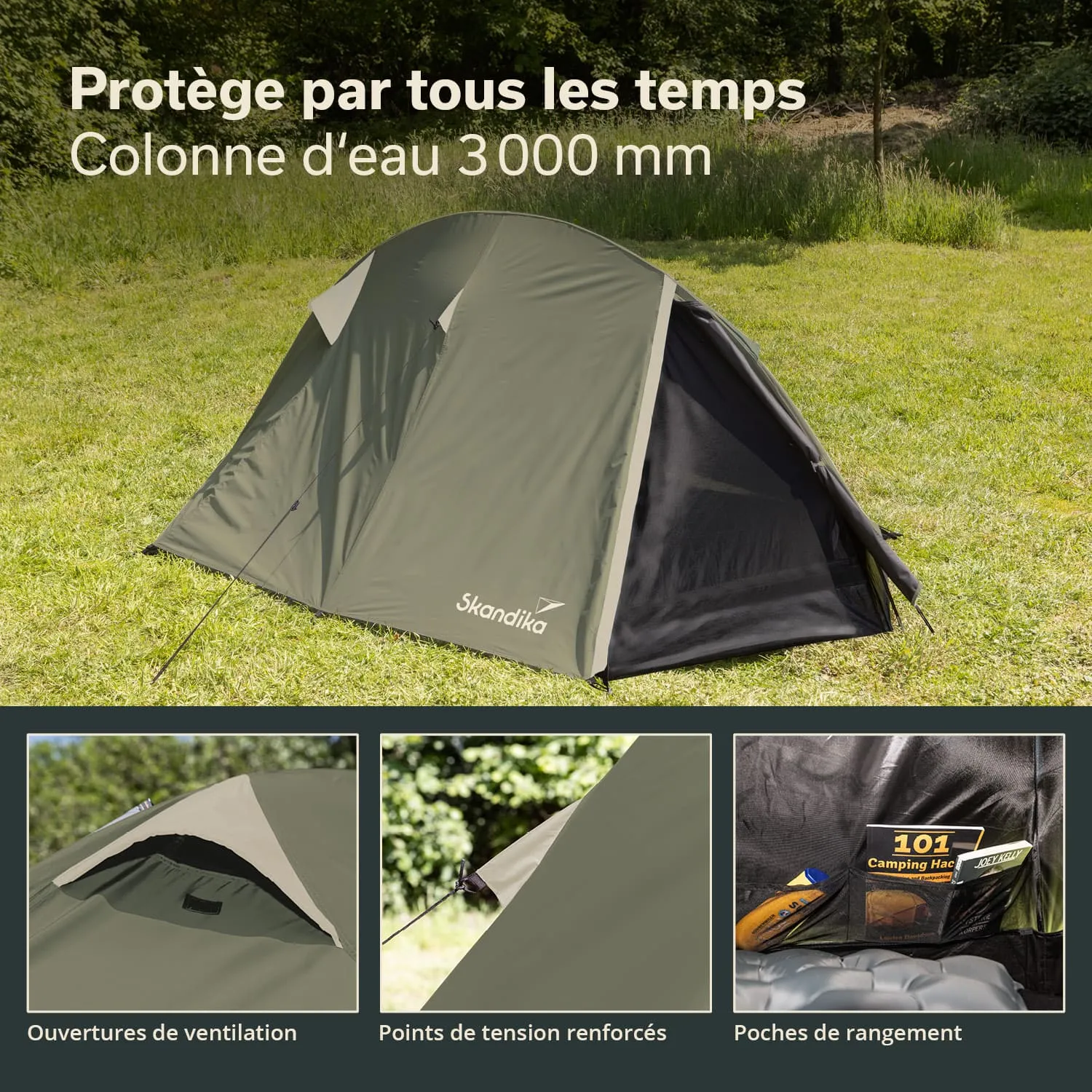 Grünes Zelt auf einer Wiese, mit Details zu Ventilation, Verstärkungen und Taschen im Innenbereich.