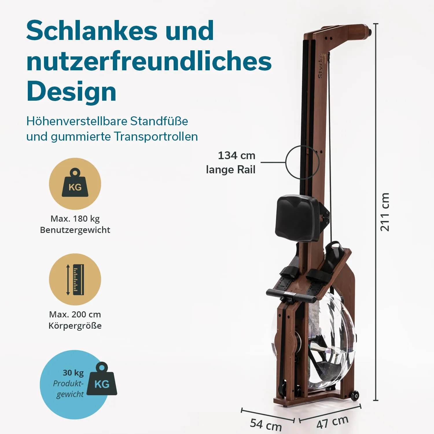 Rudergerät mit ergonomischem Design, angegebenen Maßen und Gewichtsgrenzen. Eigenschaften: höhenverstellbare Standfüße, Transportrollen.