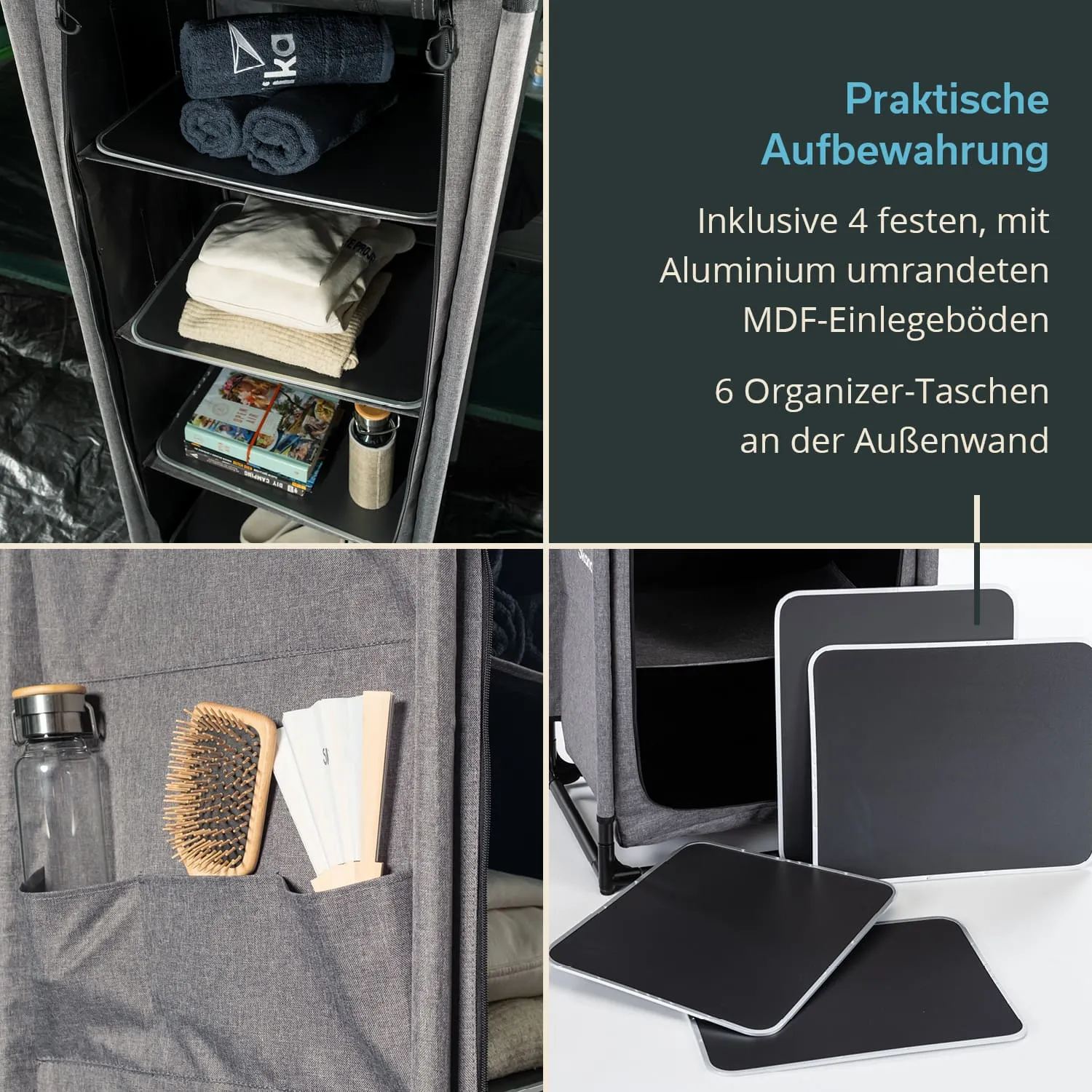 Grauer Aufbewahrungsschrank mit vier Ablagen und Organizer-Taschen. Enthält Handtücher, Kleidung, Bücher und Utensilien.