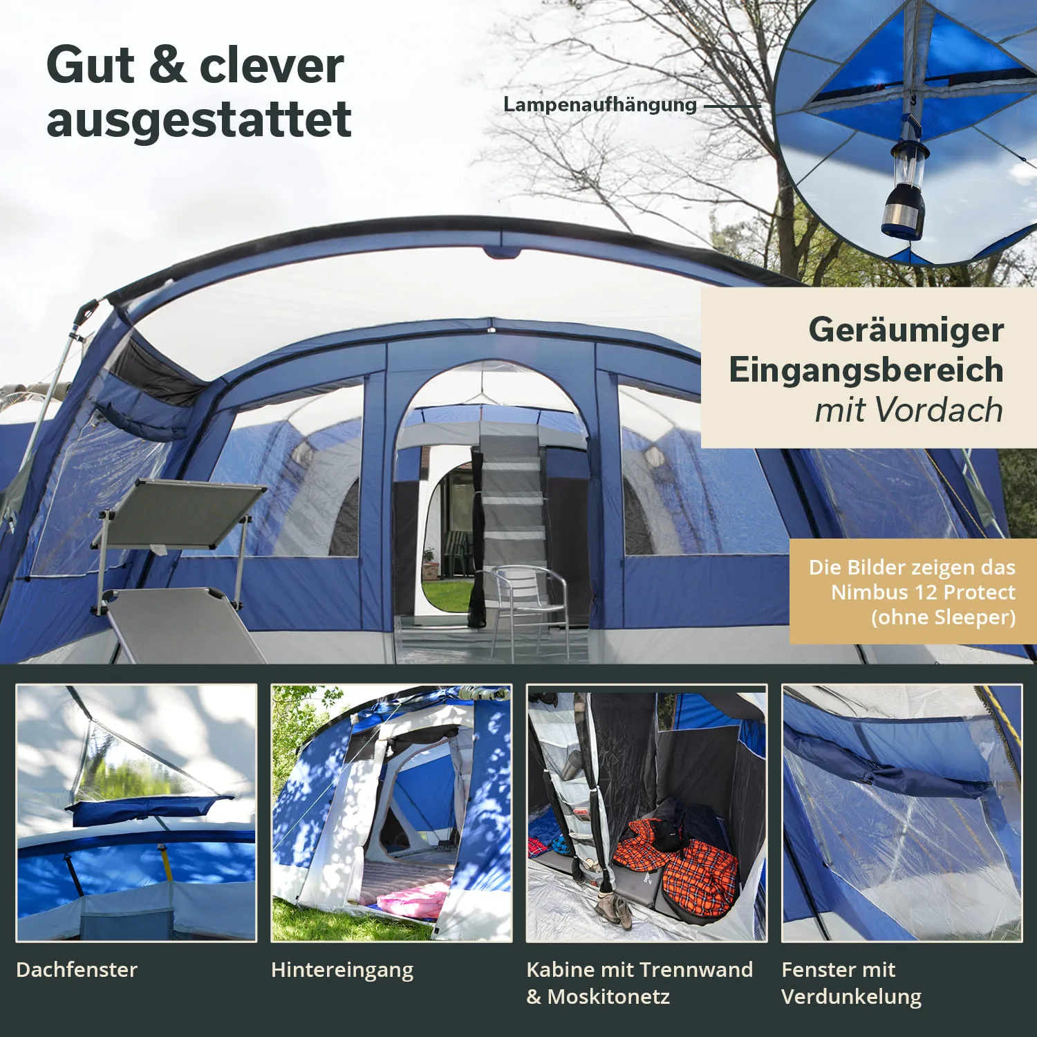 Zelt in blauen und grauen Tönen mit Vorraum, Dachfenster, Eingängen und Inneneinrichtung. Verschiedene Detailansichten sind abgebildet.