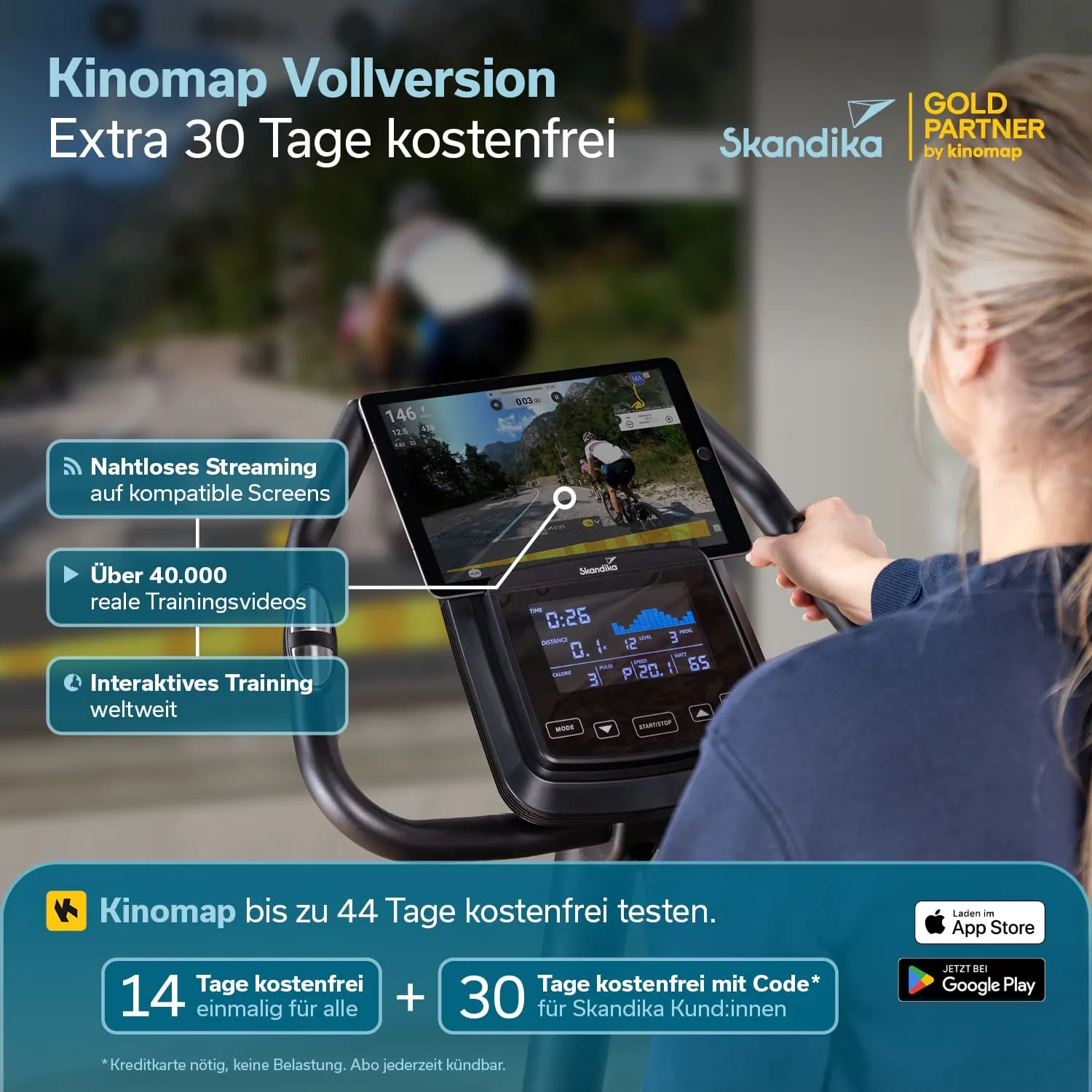 Eine Person sitzt auf einem Fitnessgerät, während ein Bildschirm mit Trainingsvideos und Statistiken sichtbar ist. Informationen zu einer App sowie ein Werbebereich sind im Bild enthalten.