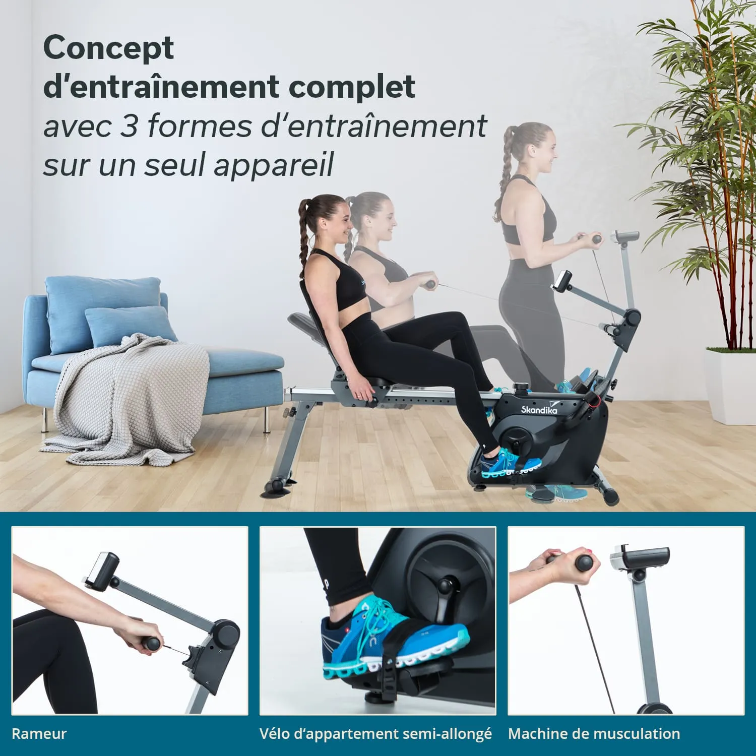 Fitnessgerät mit mehreren Trainingsfunktionen. Eine Person trainiert auf dem Gerät, das verschiedene Trainingsformen ermöglicht. Im Hintergrund ist ein Sofa und eine Pflanze zu sehen.