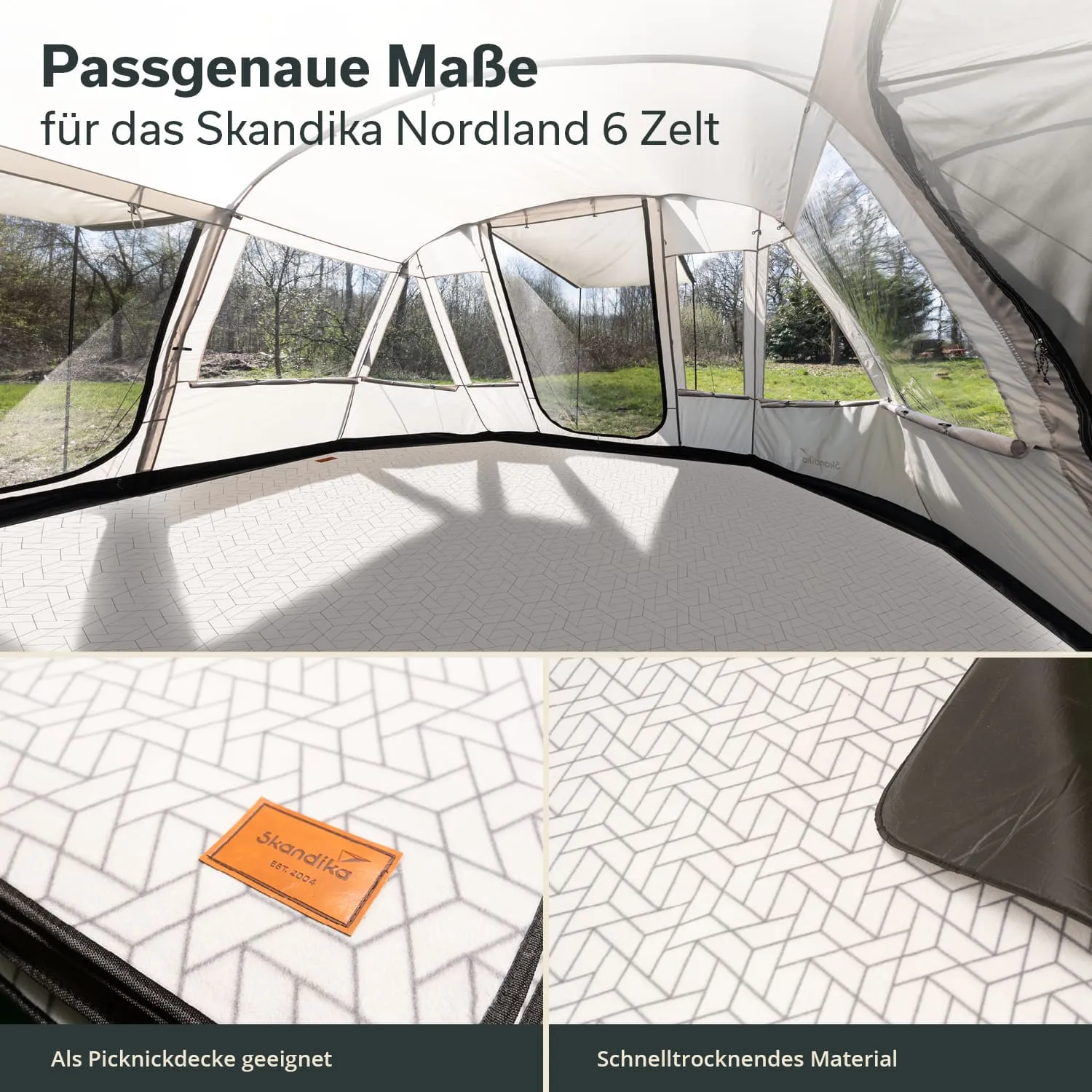 Zeltinneres mit gewebtem Boden, großen Fenstern und direktem Sonnenlicht. Detailansicht des Bodens, mit Muster.