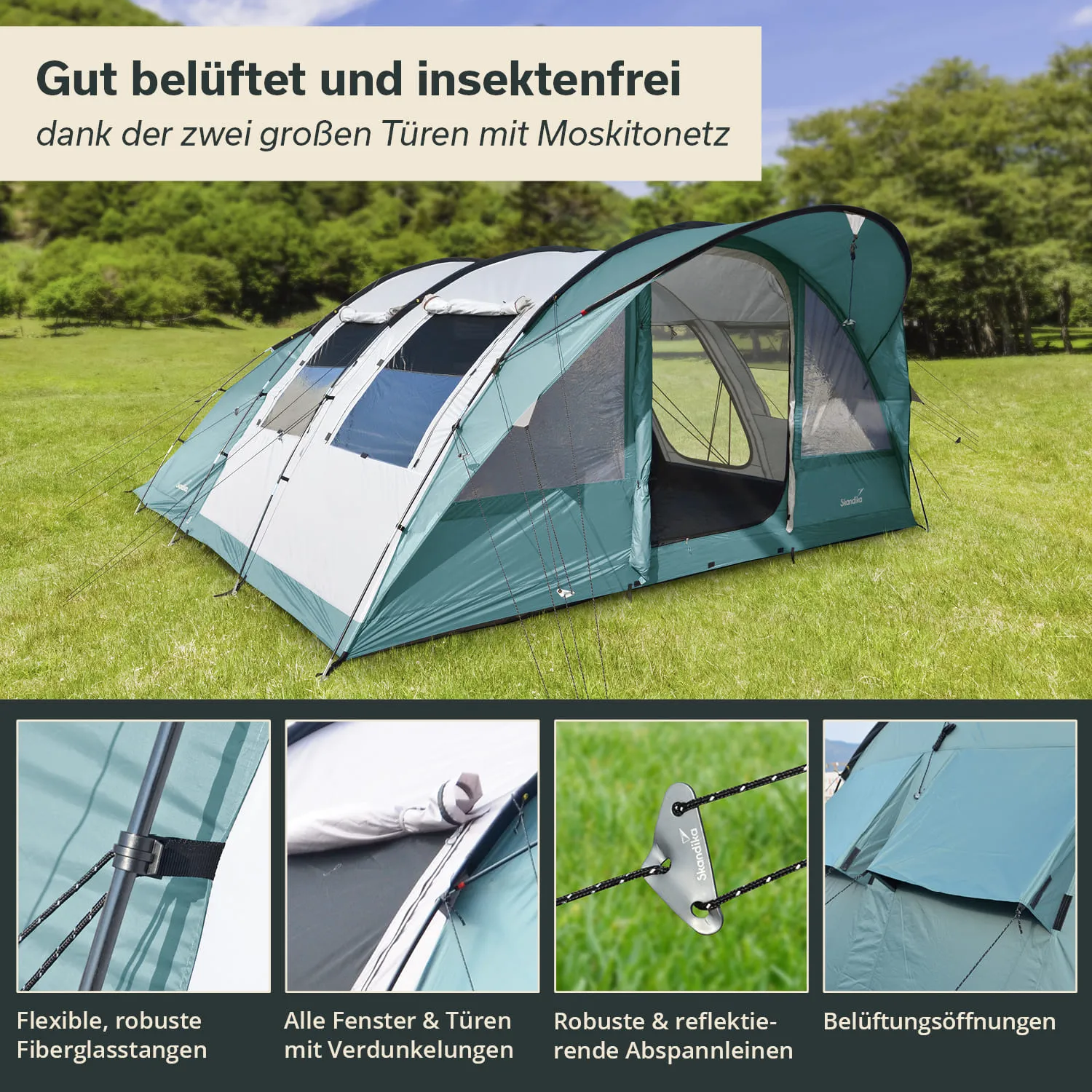 Zelt in grüner und grauer Farbe auf einer Wiese, zwei Türen mit Moskitonetz, verschiedene Details zur Konstruktion.
