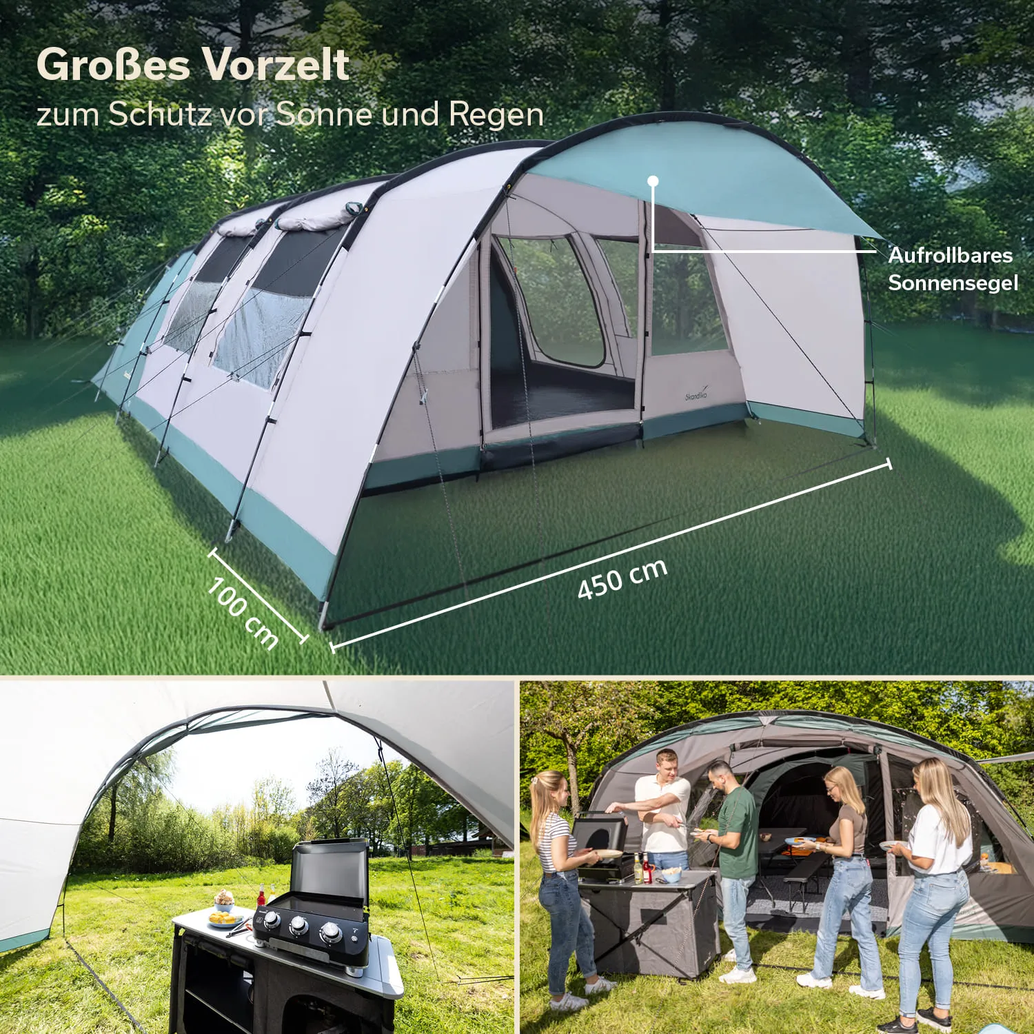 Ein großes Vorzelt in einem grünen Bereich, mit Maßen von 450 cm x 100 cm, bietet Schutz vor Sonne und Regen. Zwei kleinere Bilder zeigen Personen beim Kochen und Essen in der Nähe des Vorzelts.
