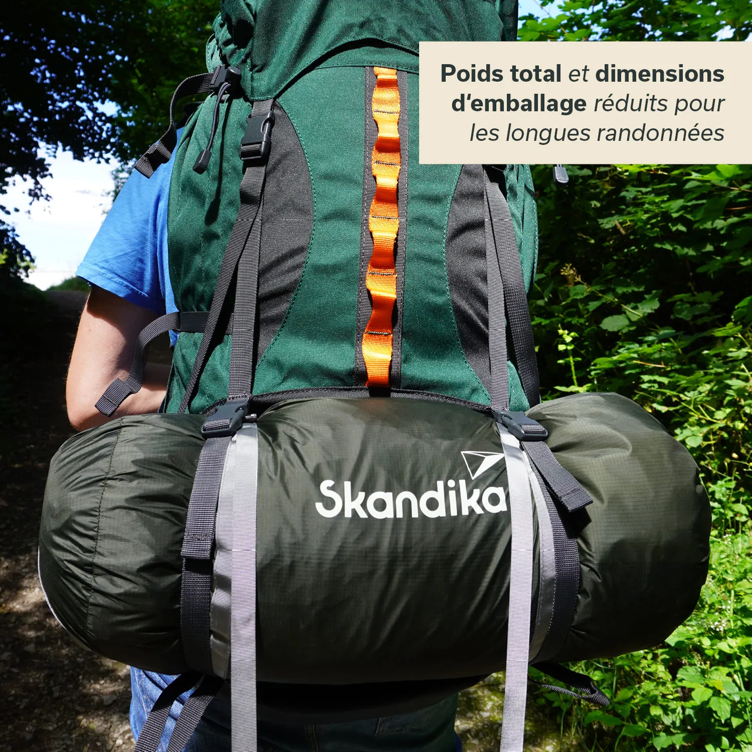 Rucksack in grün mit orangefarbenen Akzenten, auf dem Rücken einer Person. Darunter eine schwarze, zusammengerollte Ausrüstung. Hintergrund mit Bäumen.