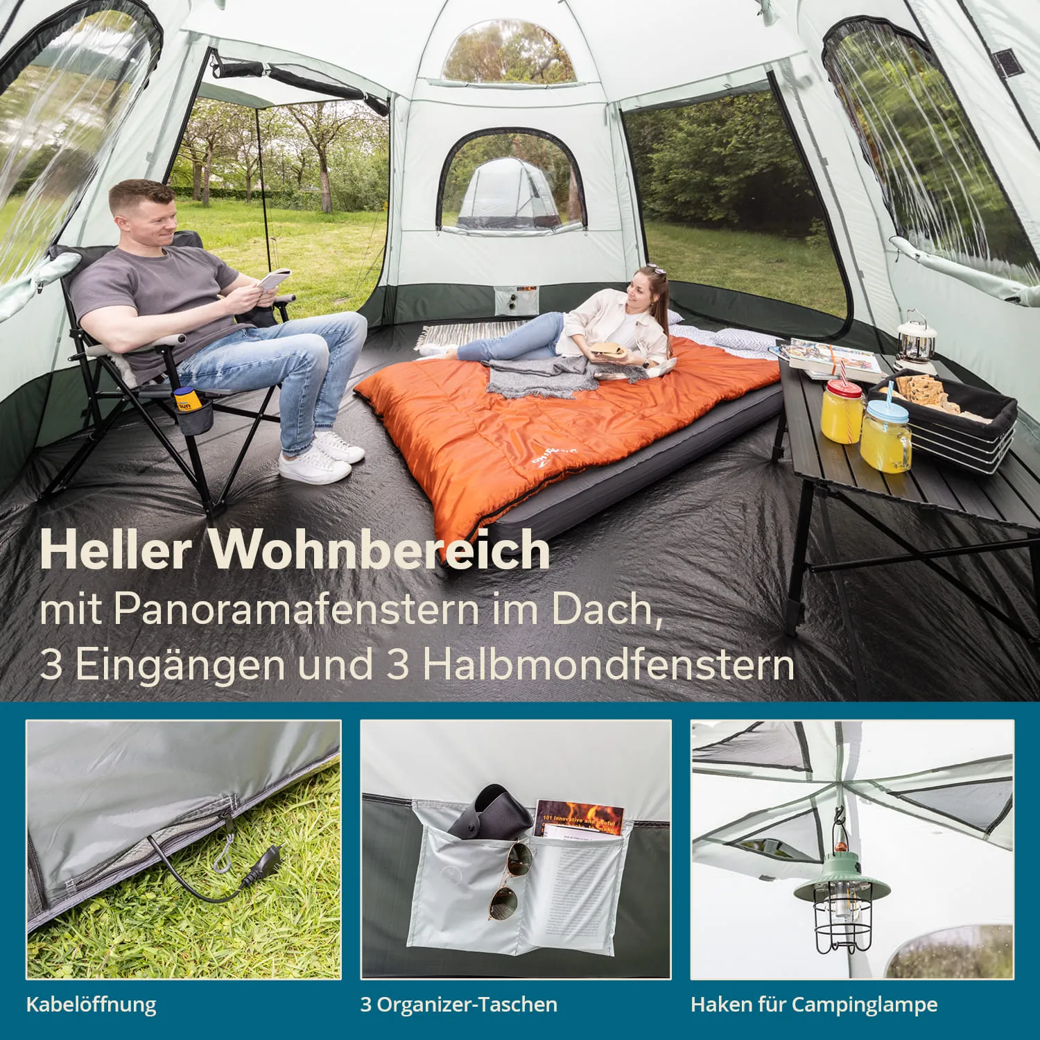 Zelt mit Panorama-Fenstern, zwei Personen im Inneren, eine sitzt auf einem Campingstuhl, die andere auf einer Liege. Es gibt einen Tisch mit Snacks und Getränken.