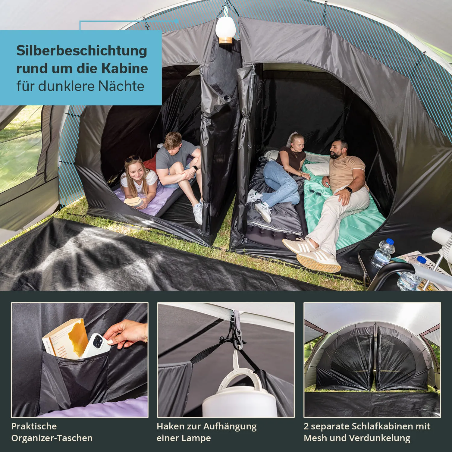 Zeltinneneinrichtung mit zwei Schlafkabinen. Personen sitzen und liegen auf Matratzen. Organizer-Taschen und Lampe sichtbar.