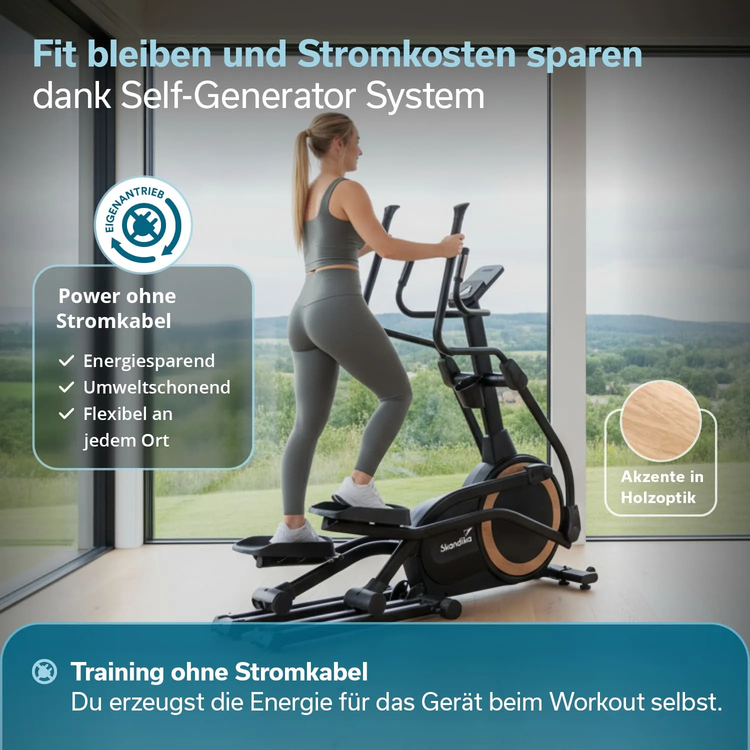 Frau auf einem modernen Crosstrainer vor großen Fenstern mit Aussicht auf eine Landschaft, im Hintergrund eine schriftliche Beschreibung.