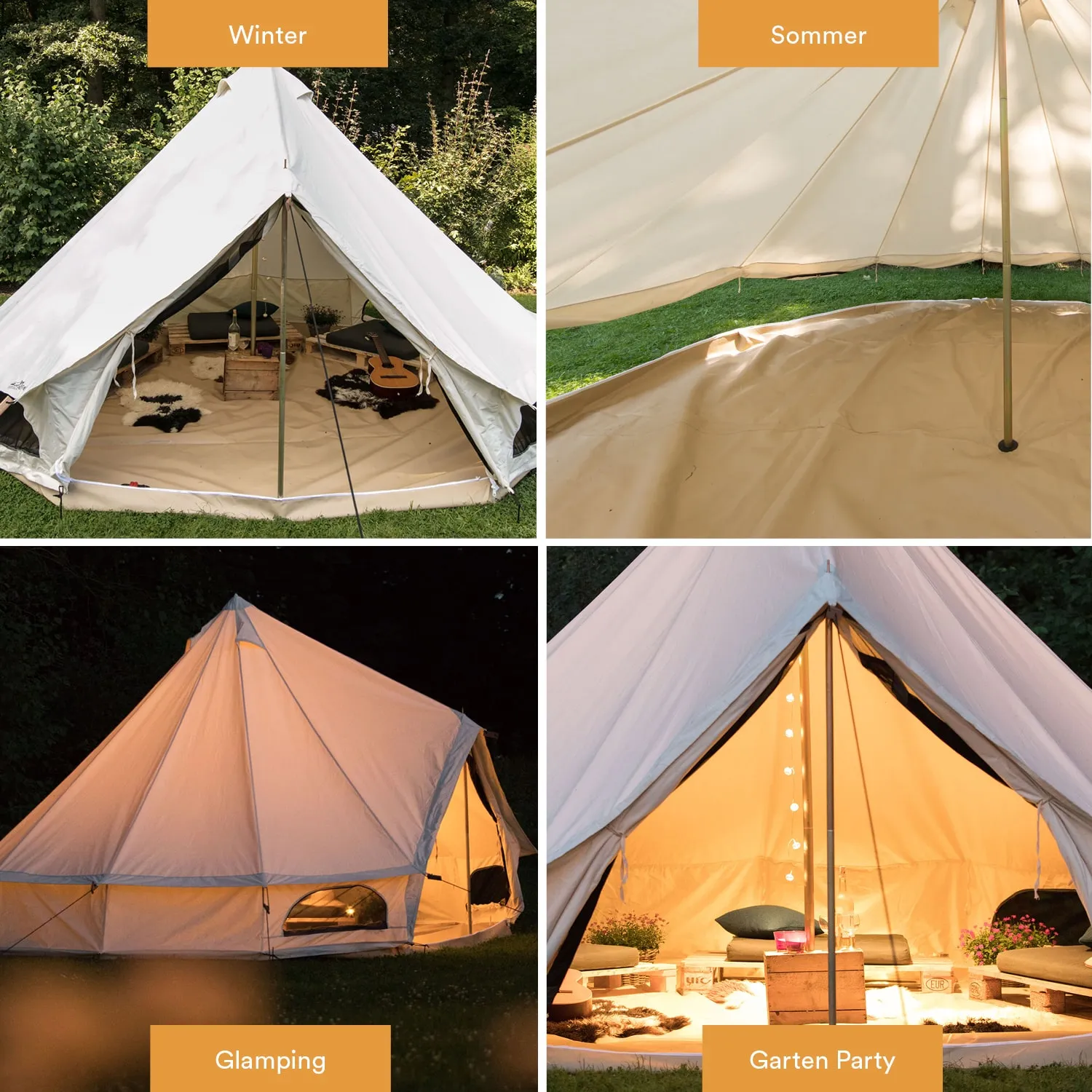 Zeltvariationen in vier Bildern: Winterzelt mit Möbeln, Sommerzelt, Glamping-Zelt und Gartenparty-Zelt mit Beleuchtung.