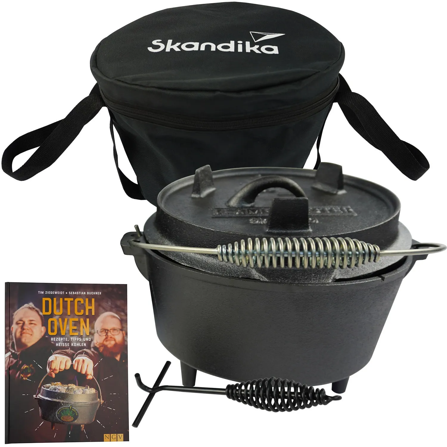 Eisen-Dutch Oven in Schwarz mit Deckel und Griff, kombiniert mit Aufbewahrungstasche und Kochbuch über Dutch Oven-Rezepte.