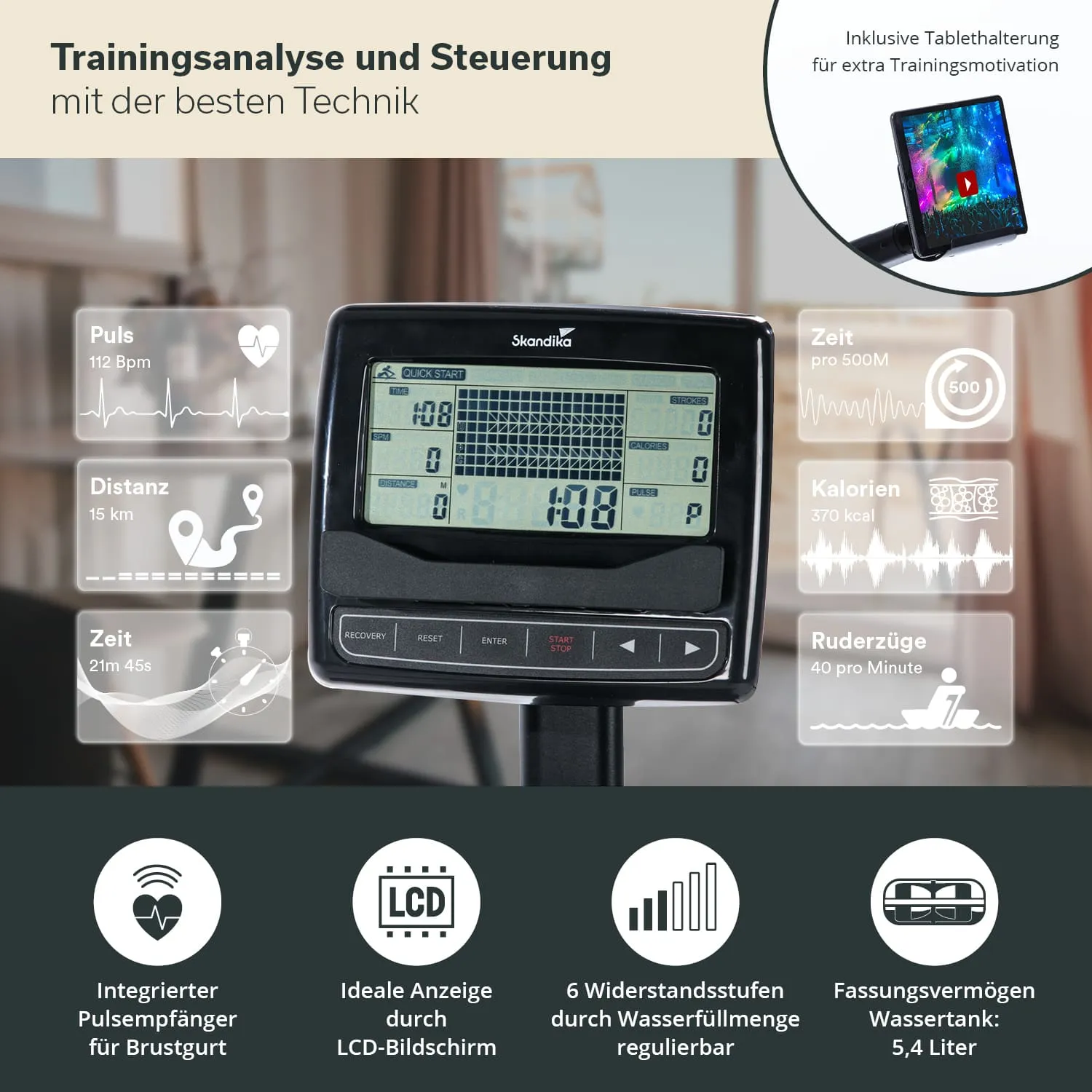 LCD-Bildschirm eines Rudergeräts mit Trainingsdaten: Puls, Distanz, Zeit, Kalorien, Ruderzüge. Hinweise zur Technik und Wassertank.