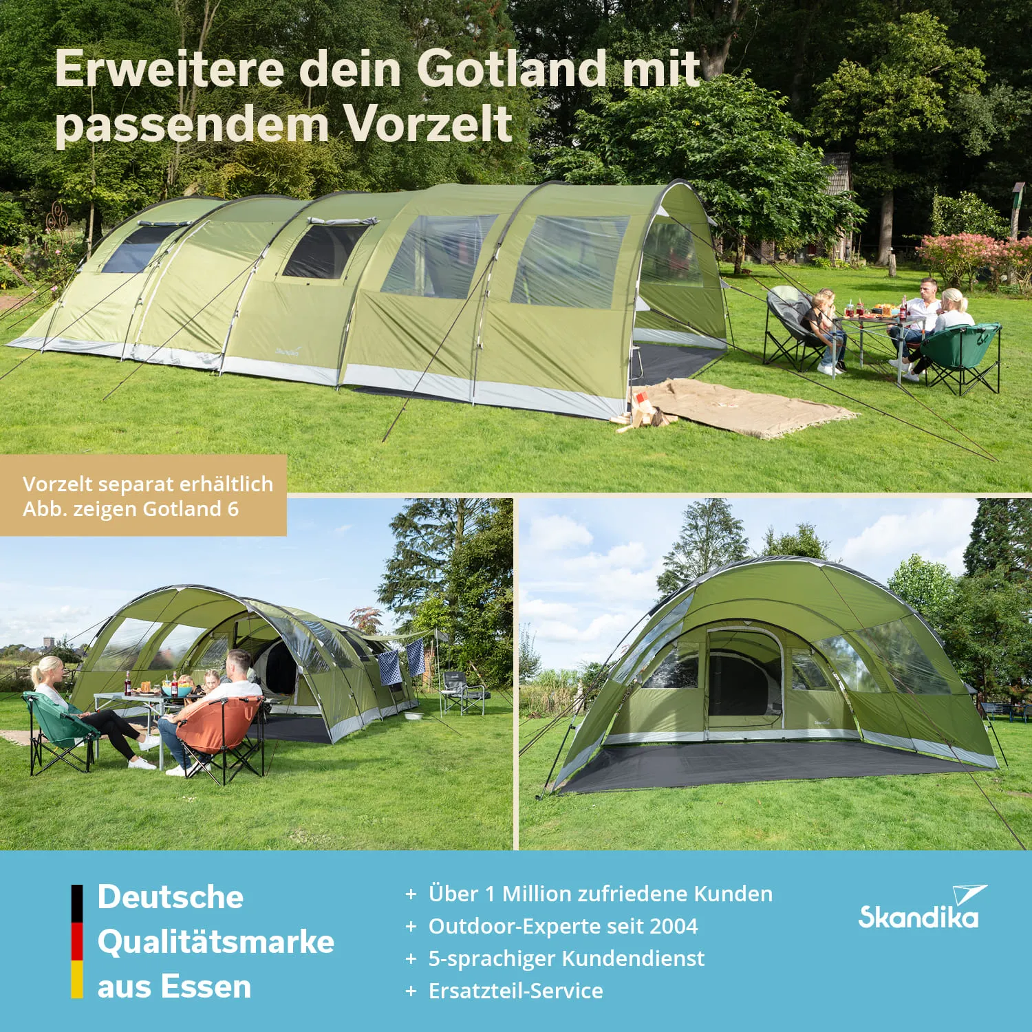 Grünes Campingzelt auf Wiese, mit Vorzelt, umgeben von Bäumen. Im Vordergrund sitzen Personen in Stühlen, am Tisch mit Snacks.