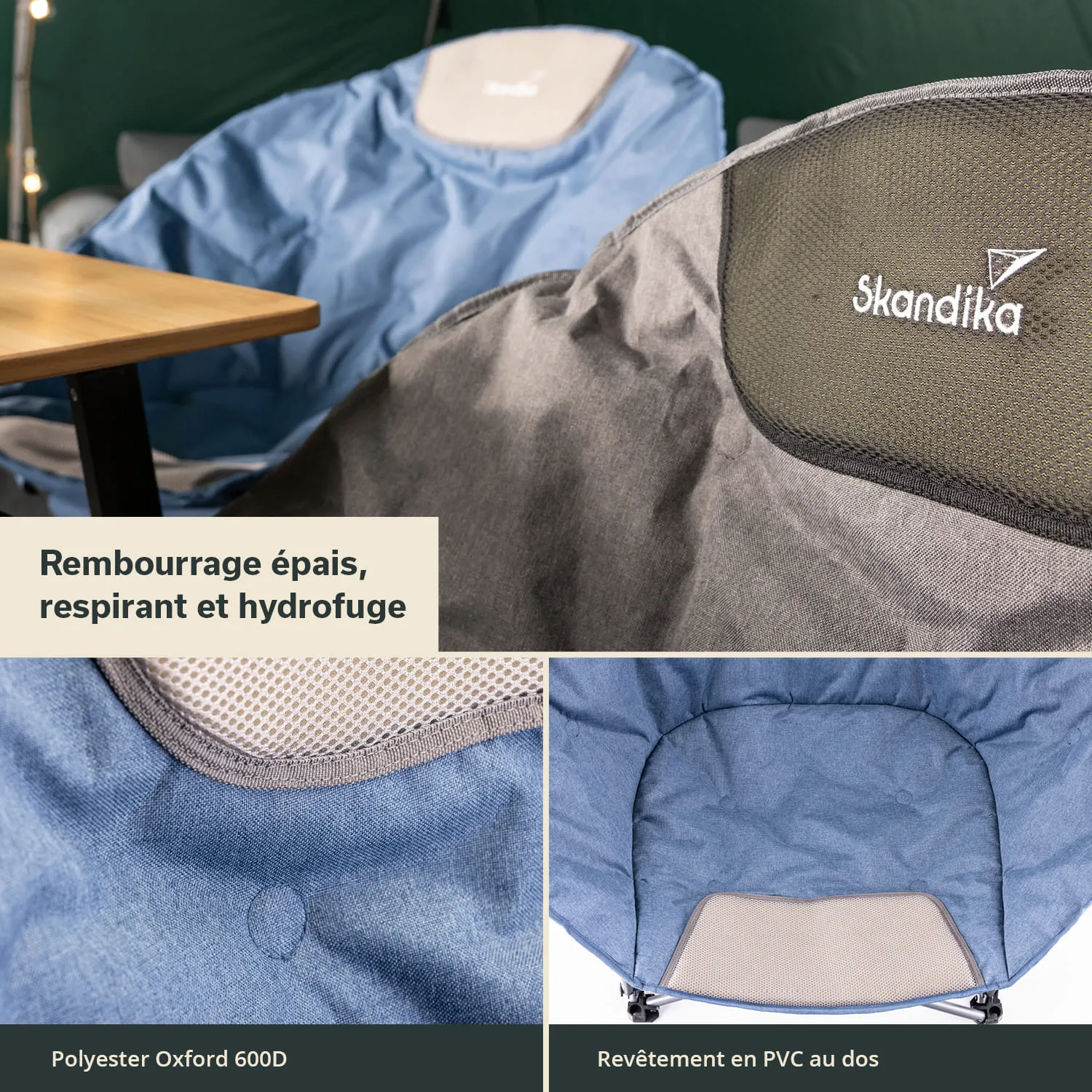 Zwei Stühle mit dickem, atmungsaktivem und wasserabweisendem Bezug stehen vor einem Tisch. Details des Materials sind sichtbar.