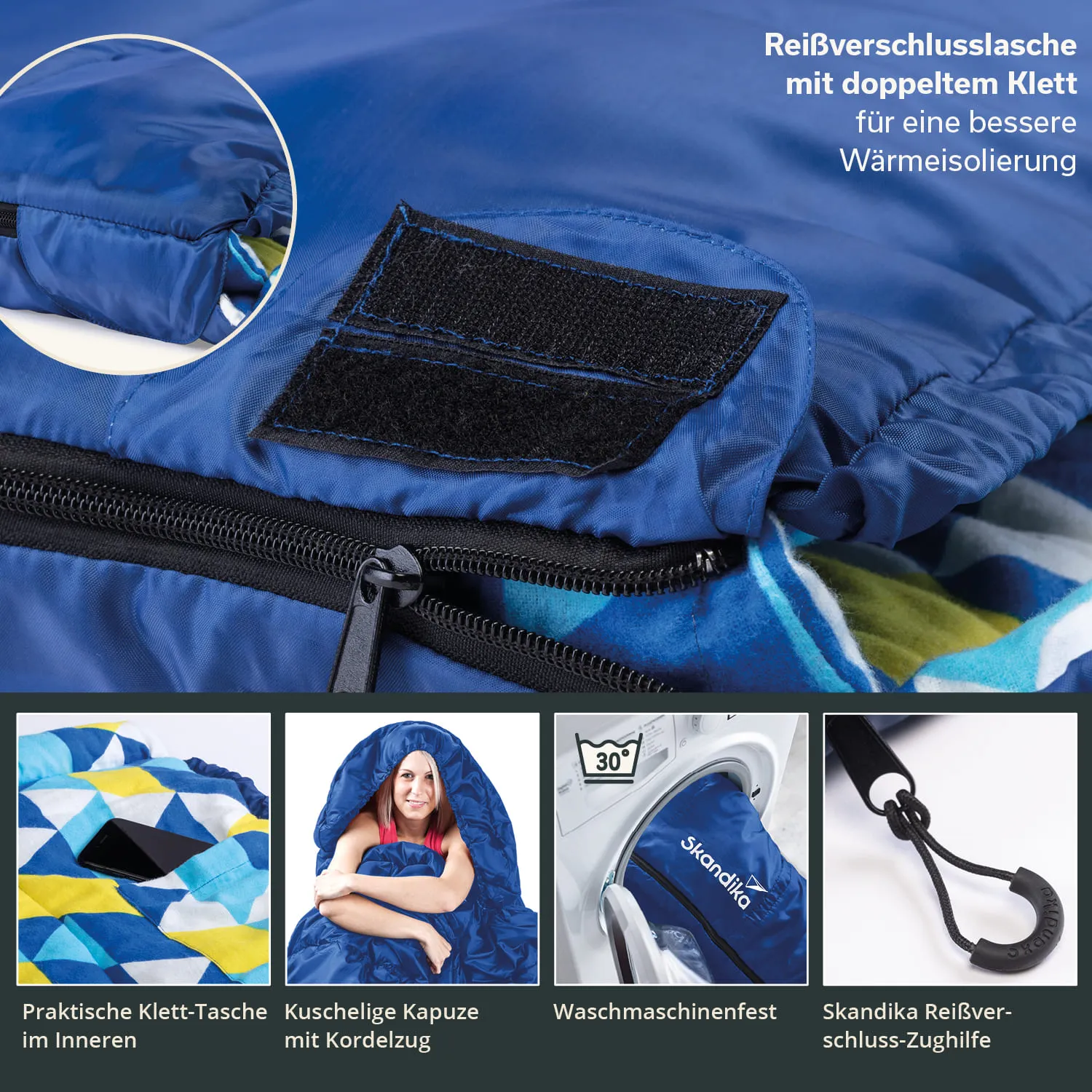 Blau gefärbter Schlafsack mit doppeltem Klettverschluss und grauem Reißverschluss. Innenbereich mit Tasche, Kapuze und Waschsymbol.