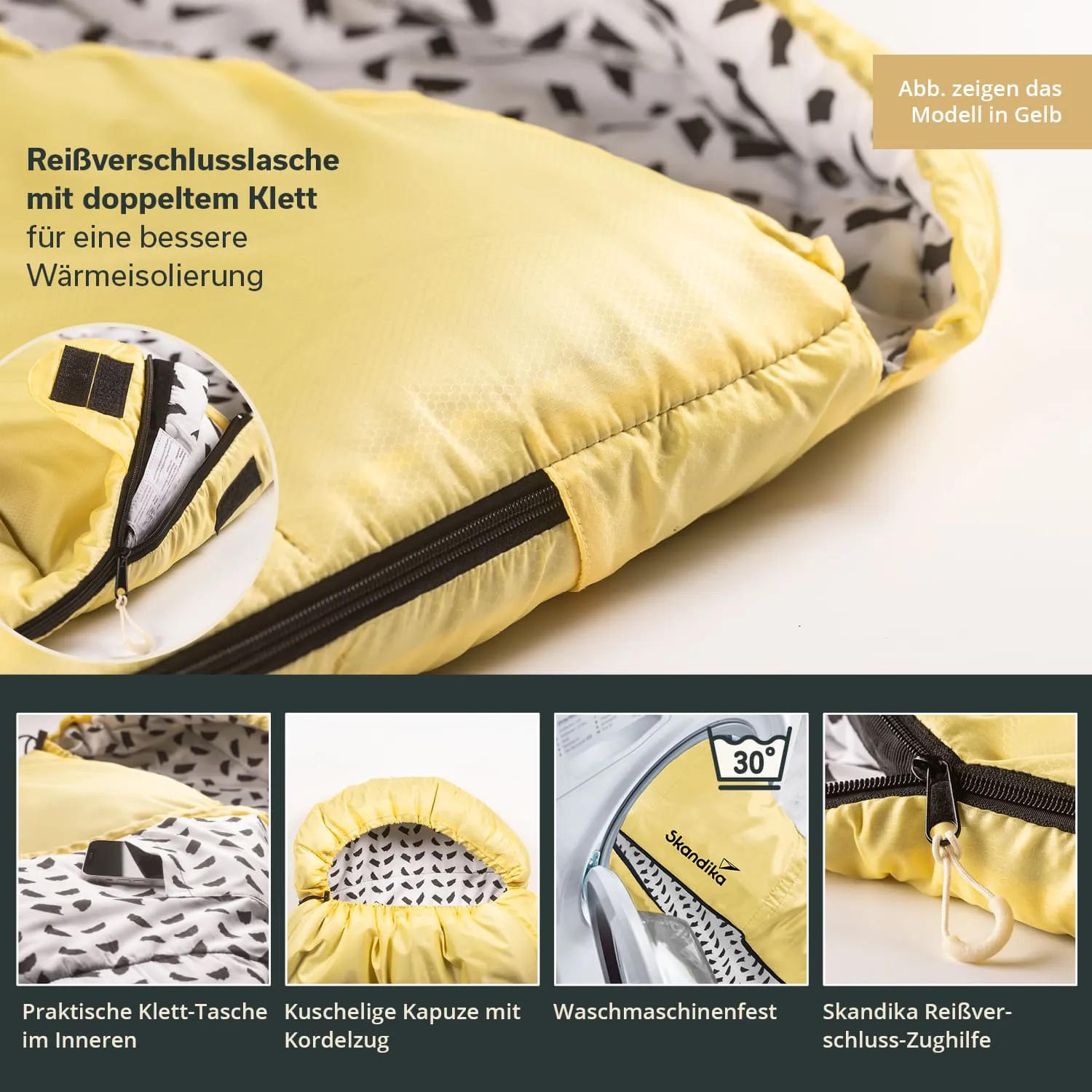 Gelbes Produkt mit Innenfutter in Schwarz-Weiß-Muster. Detailansicht des Reißverschlusses und einer Klett-Tasche.