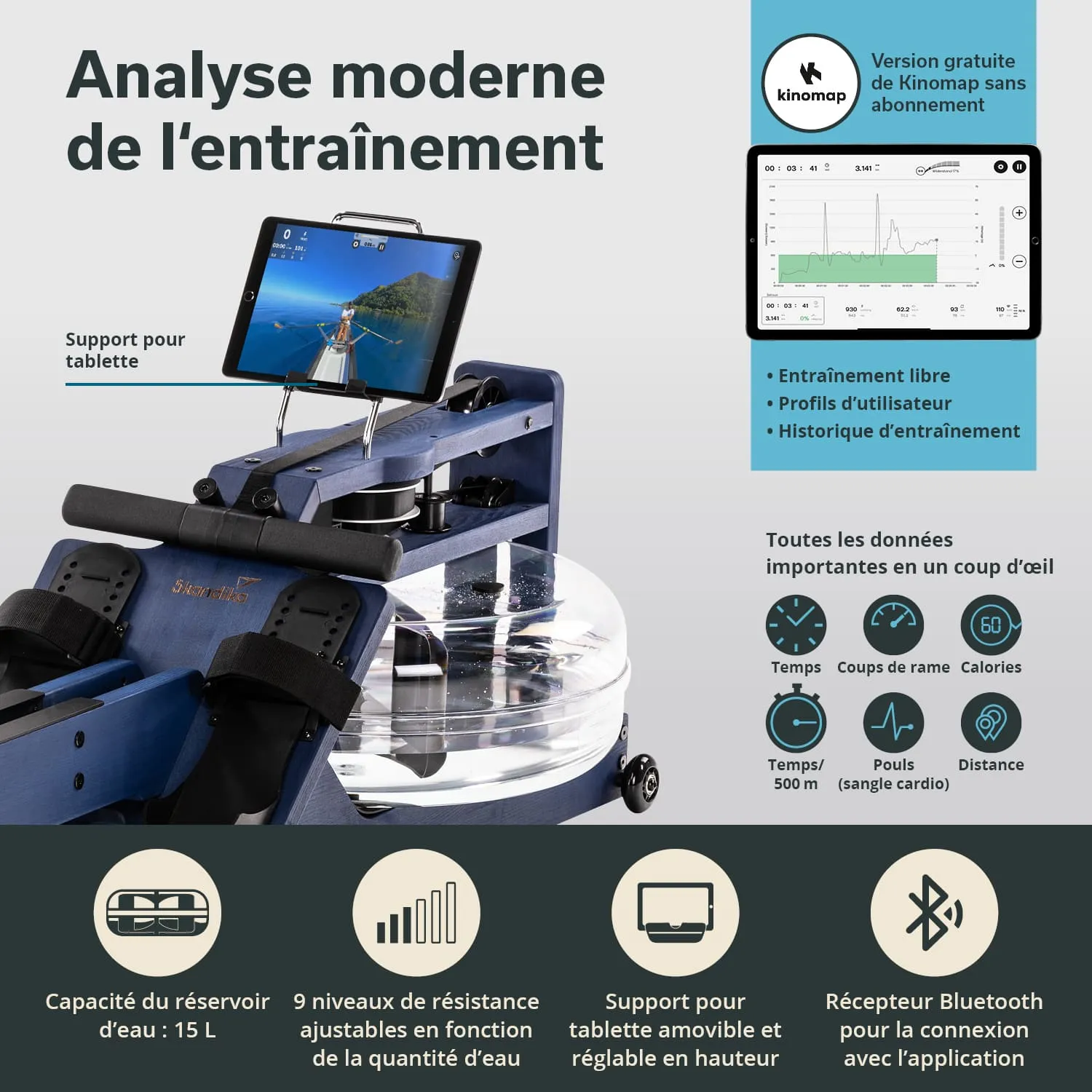 Wassertretgerät mit Tablet-Halterung, Display für Trainingsdaten, Daten zu Zeit, Ruderzügen und Kalorienverbrauch.