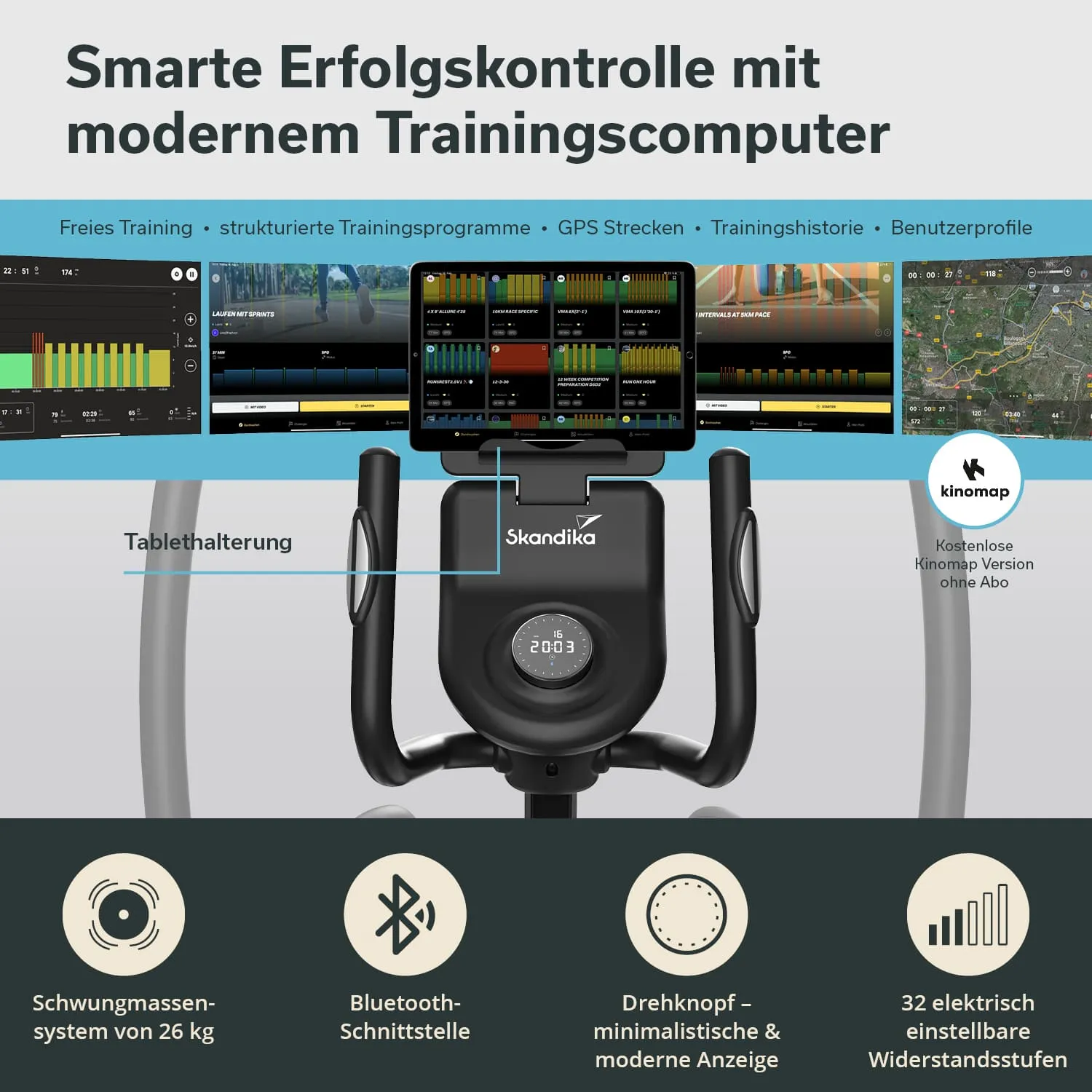 Trainingscomputer mit Tablet-Halterung, Details zu Schwungmassensystem, Bluetooth-Schnittstelle und Widerstandsstufen.