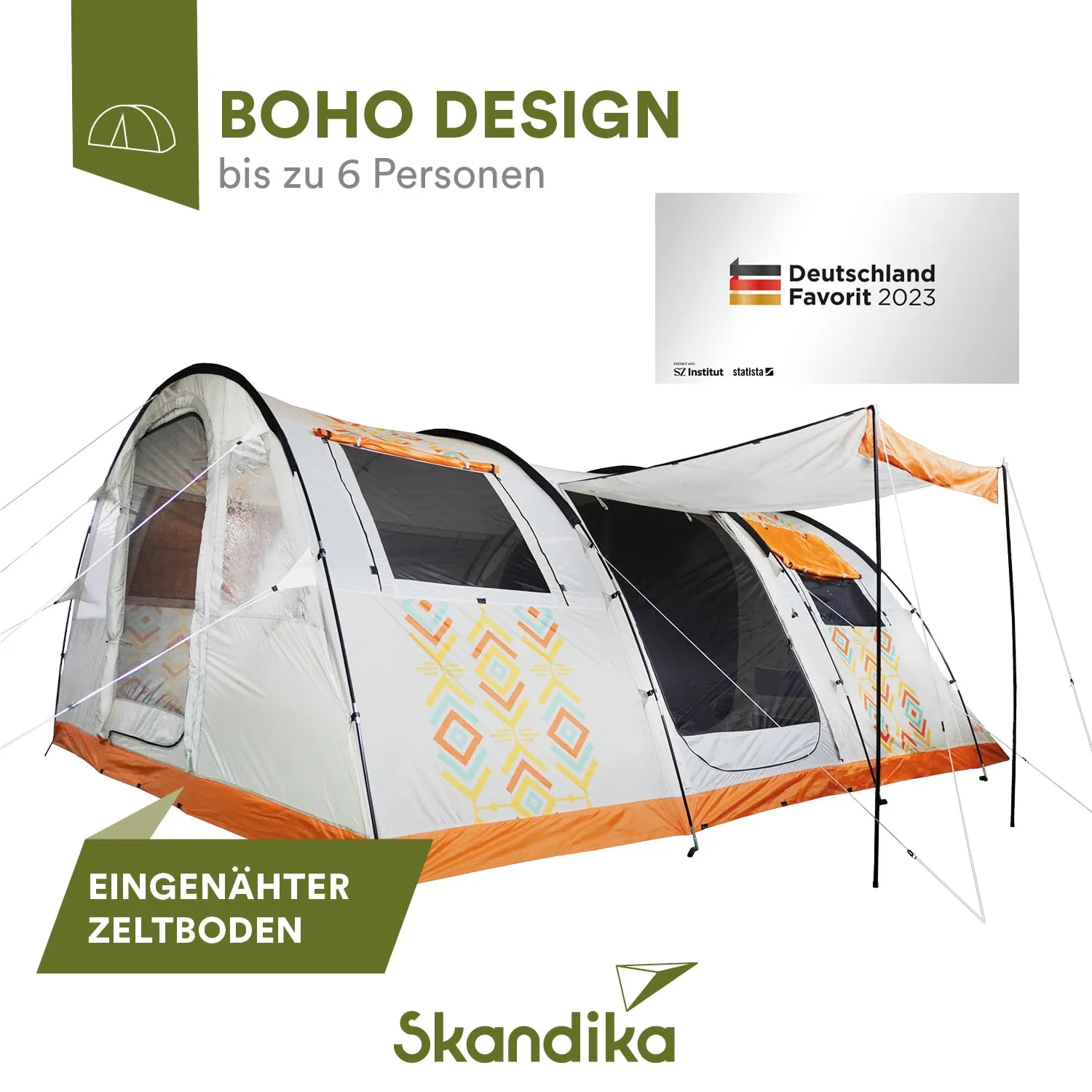 Zelt im Boho-Design für bis zu 6 Personen mit orangefarbenen und geometrischen Mustern. Eingenähter Zeltboden sichtbar.