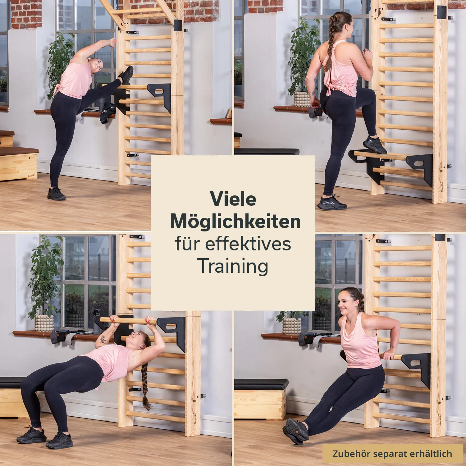 Fitnessgeräten in einem Raum mit Fenstern. Vier Trainingspositionen einer Person mit verschiedenen Übungen. Holzregal im Hintergrund.