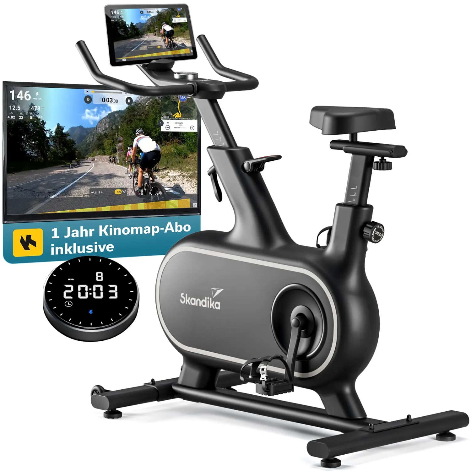 Stationäres Fahrrad mit zwei Bildschirmen, einem für ein Trainingsvideo und einem für die Zeitmessung, schwarz-weißes Design.