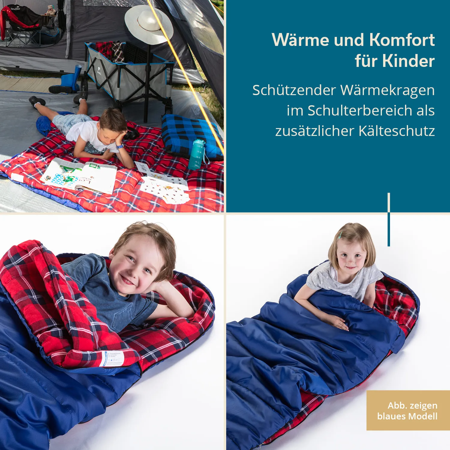 Zwei Kinder auf Decken im Freien. Ein Kind liegt auf einer rot-karierten Decke und malt, das andere sitzt in einem Schlafsack.