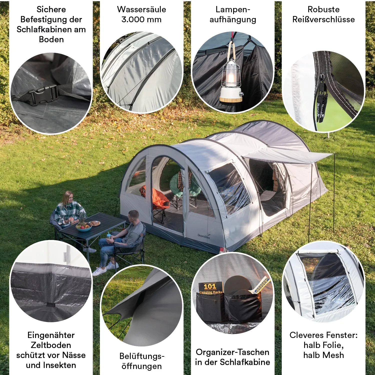 Zelt auf einer Wiese mit zwei Personen am Tisch. Detailansichten zu Funktionen wie Wassersäule, Reißverschlüsse und Belüftung.