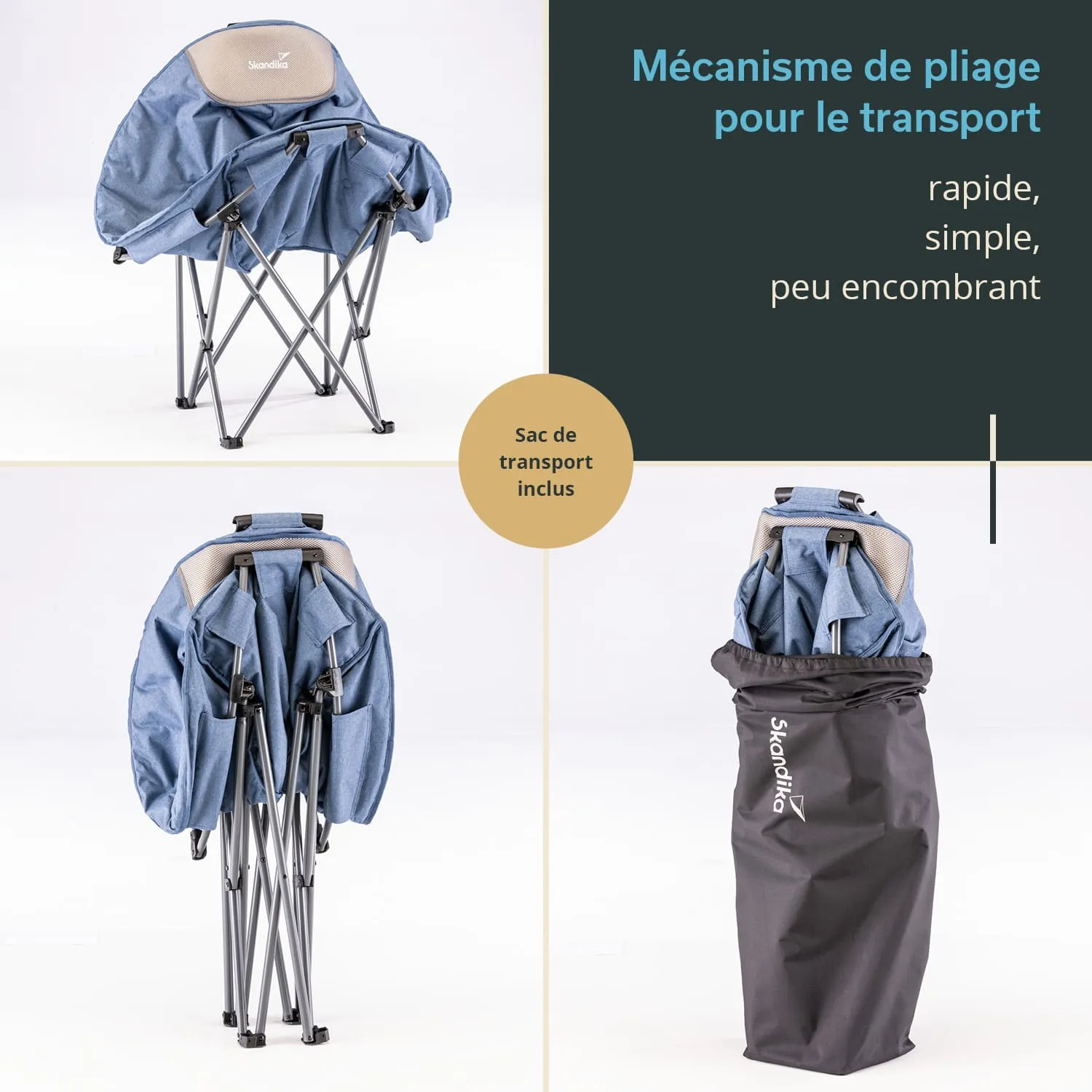 Faltstuhl in blauer Farbe, in verschiedenen Positionen: aufgeklappt, gefaltet und im Transportbeutel.
