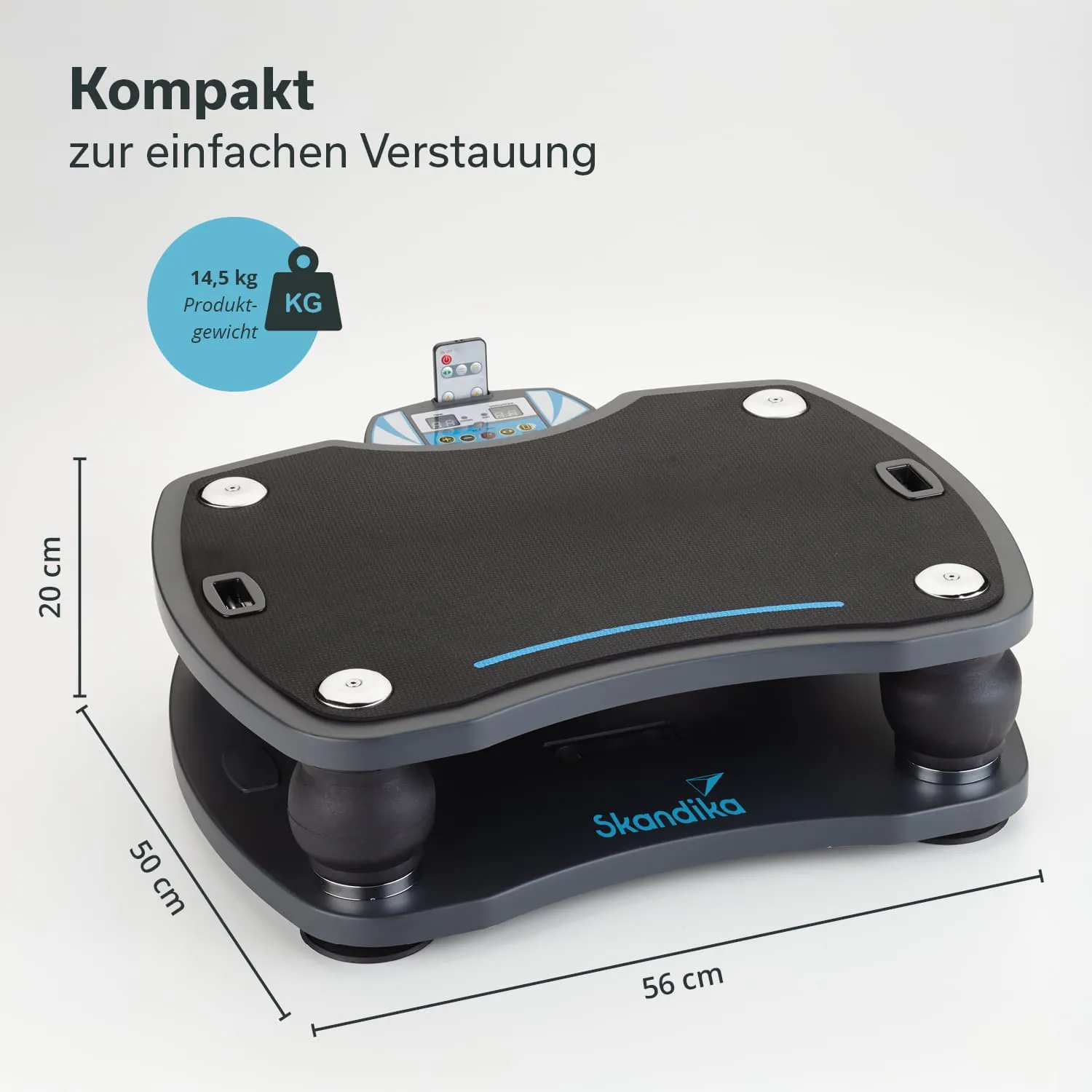 Vibrationsplatte mit einer gummierten Oberfläche, Ausstattung mit einer Steuerung oben. Maße und Gewicht sind angegeben.
