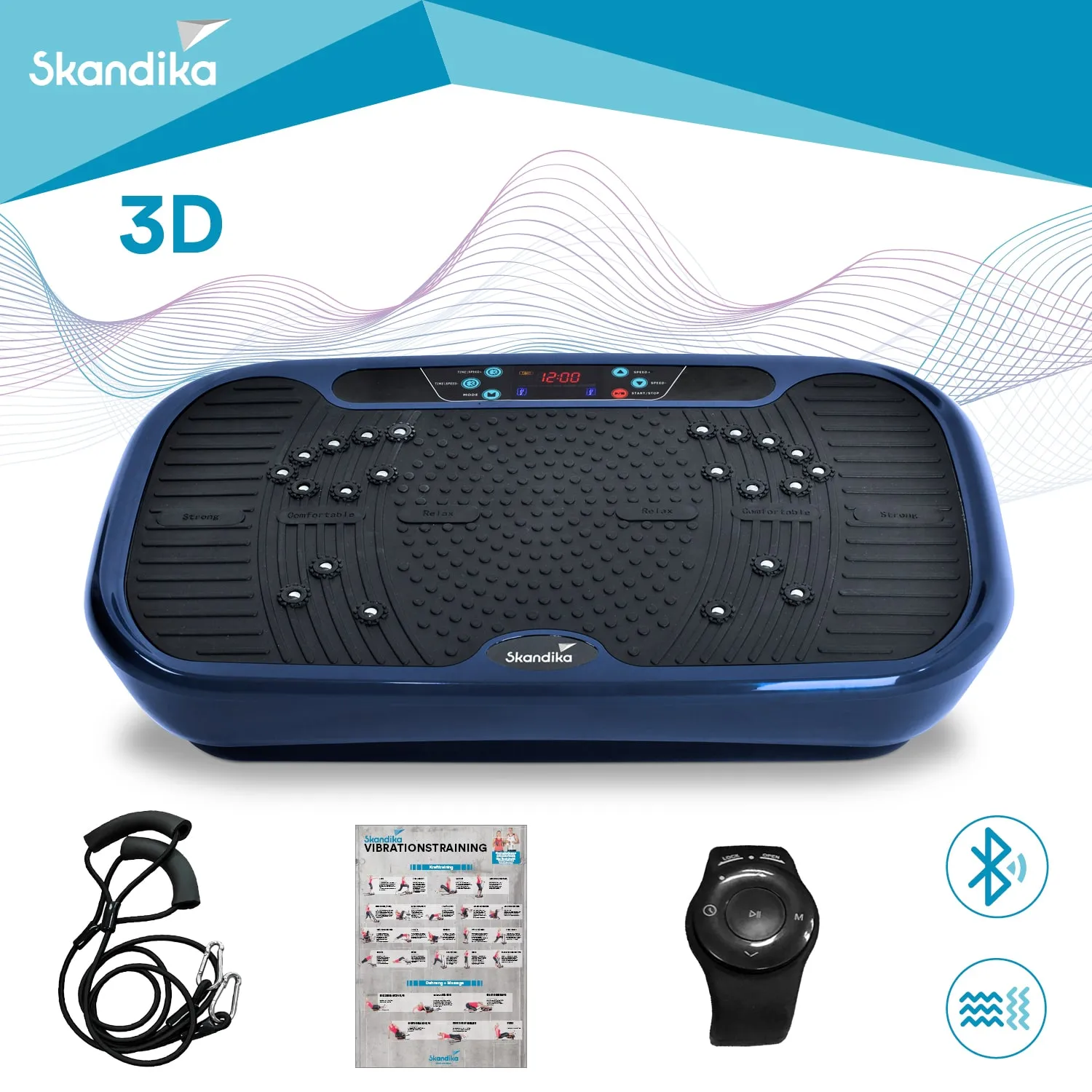Vibrationsplatte in Blau mit digitalem Display, Bedienfeldern, zwei seitlichen Griffen, einer Bedienungsanleitung und einer Fernbedienung.