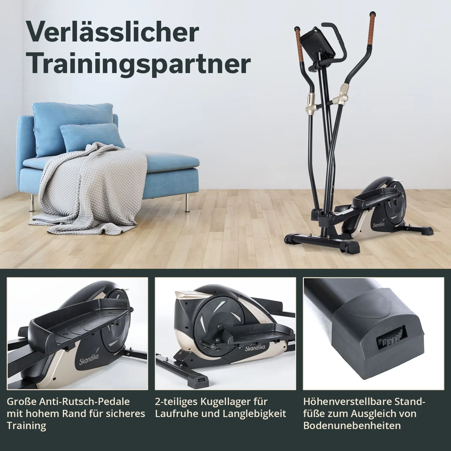 Ein Raum mit einem blauen Sofa, darauf liegt eine graue Decke. Im Vordergrund steht ein Bewegungstrainer. Details zu Pedalen und Kugellager sind sichtbar.