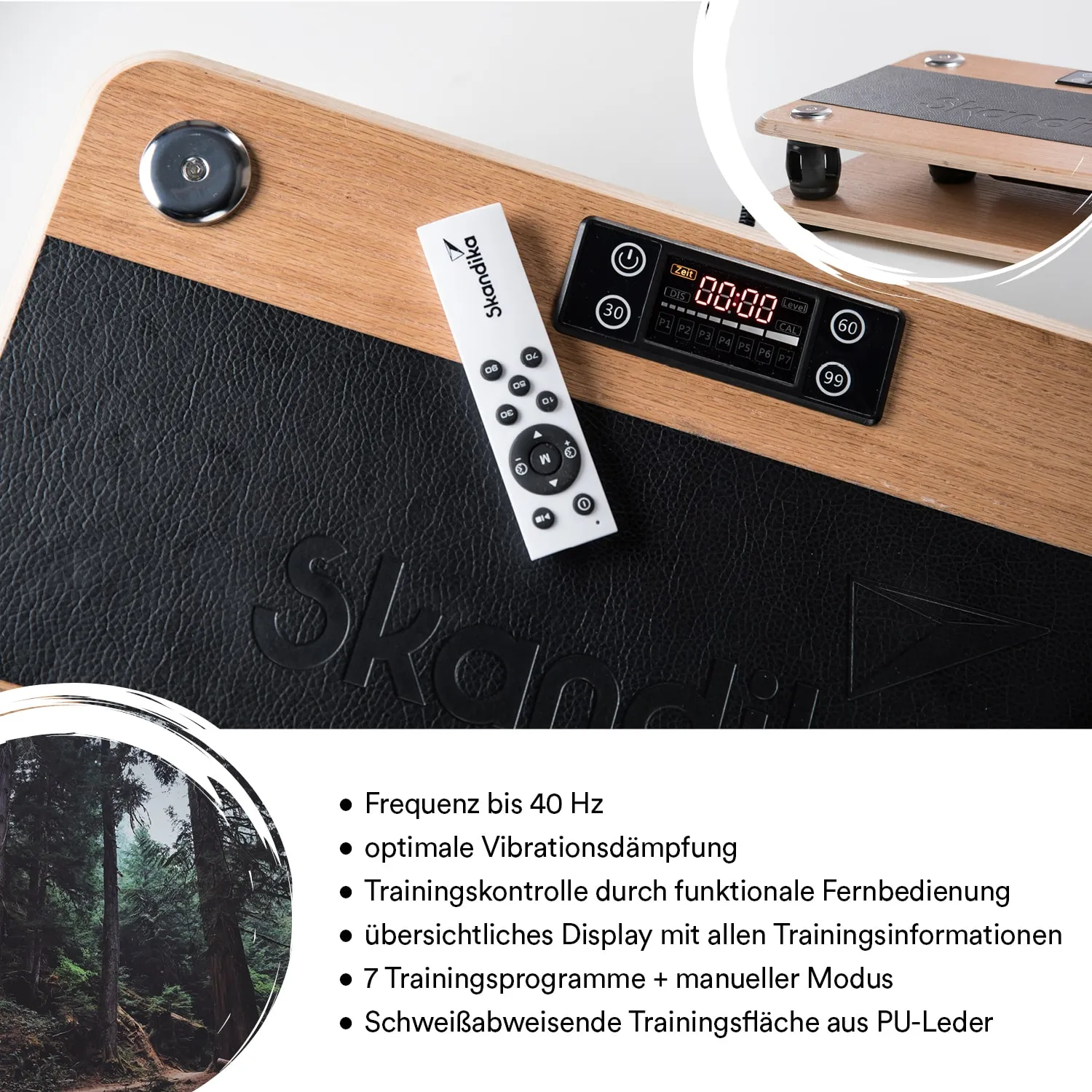 Schwingsystem mit Holzoberfläche, schwarzem PU-Leder, Fernbedienung, digitalem Display und Steuerungselementen.