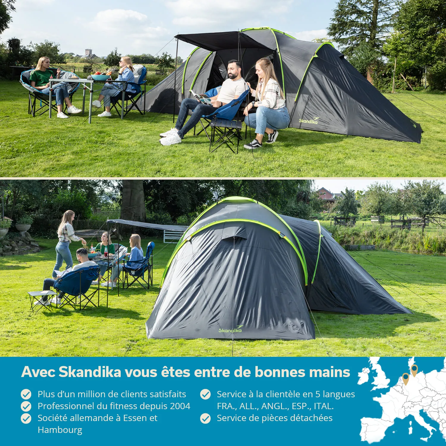 Zelt im Freien auf einer grünen Wiese mit mehreren Personen in Campingstühlen, die an einem Tisch sitzen.