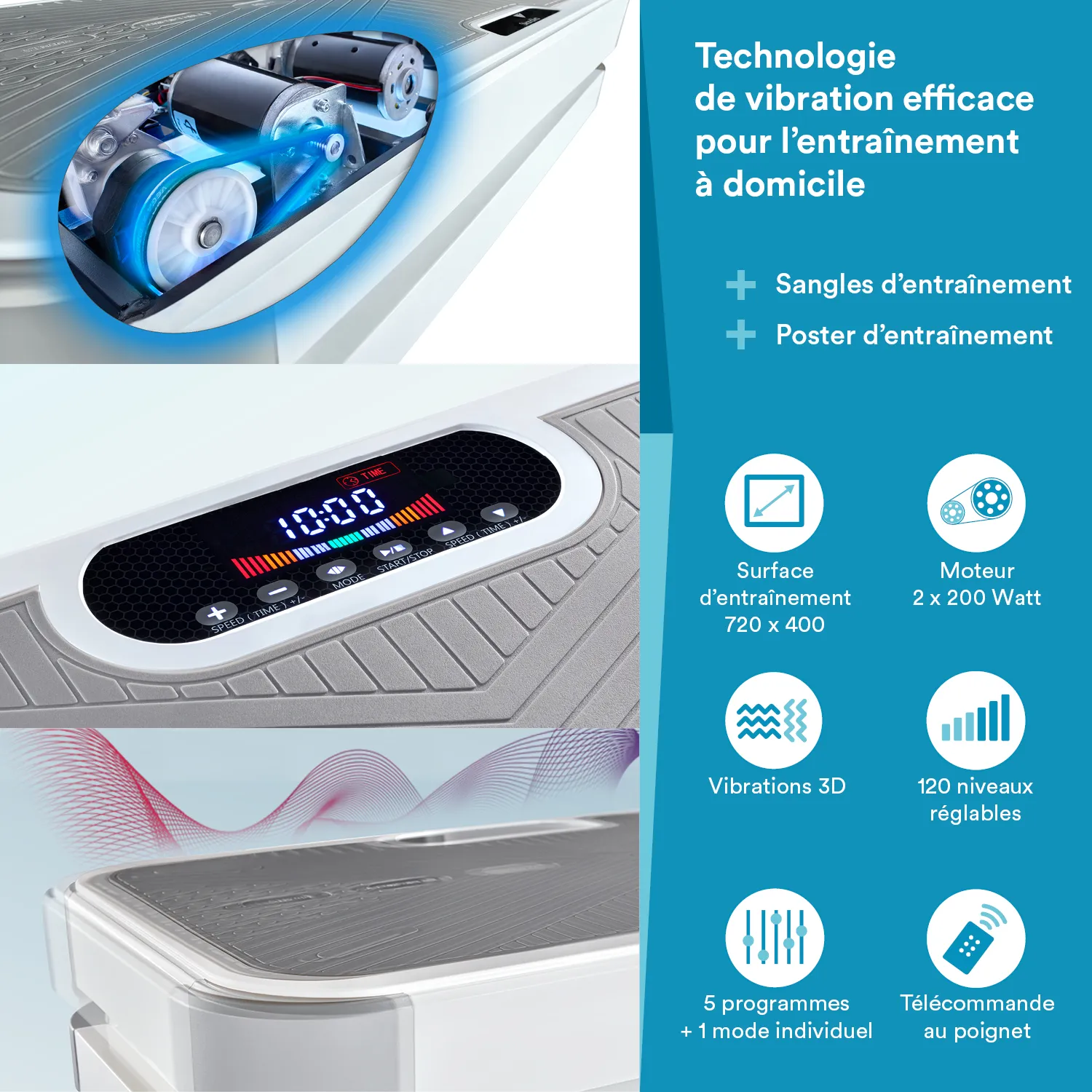 Vibrationsplatte mit digitalen Steuerungselementen, technischen Spezifikationen und grafischen Elementen in blau.