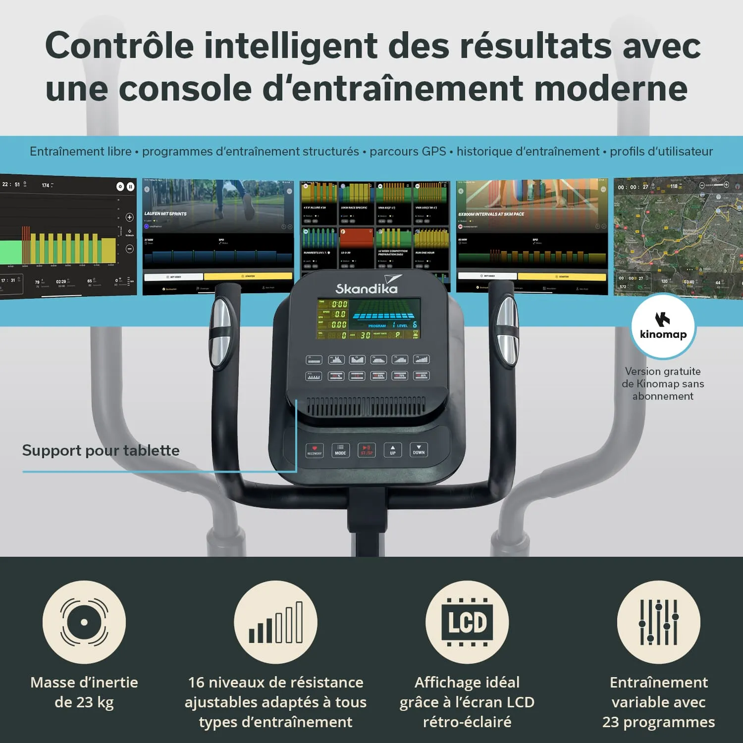 Moderne Trainingskonsole von Skandika mit LCD-Display, Tastenfeld und Tablet-Halterung. Grafiken zu Trainingsdaten im Hintergrund.