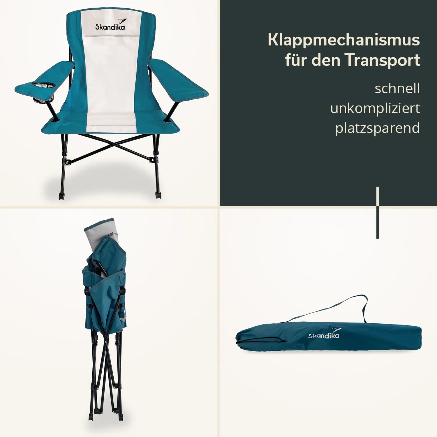 Einfache Campingliege in Blau und Weiß mit Armlehnen, zusammengeklappt und in einer Tasche verpackt.