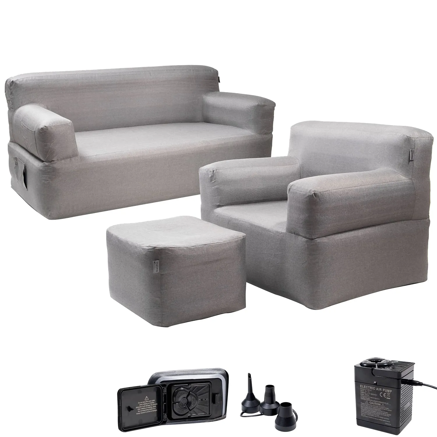 Graues Sofa, Sessel und Hocker aus einem luftgefüllten Material. Darunter eine elektrische Pumpe mit Aufsatz.