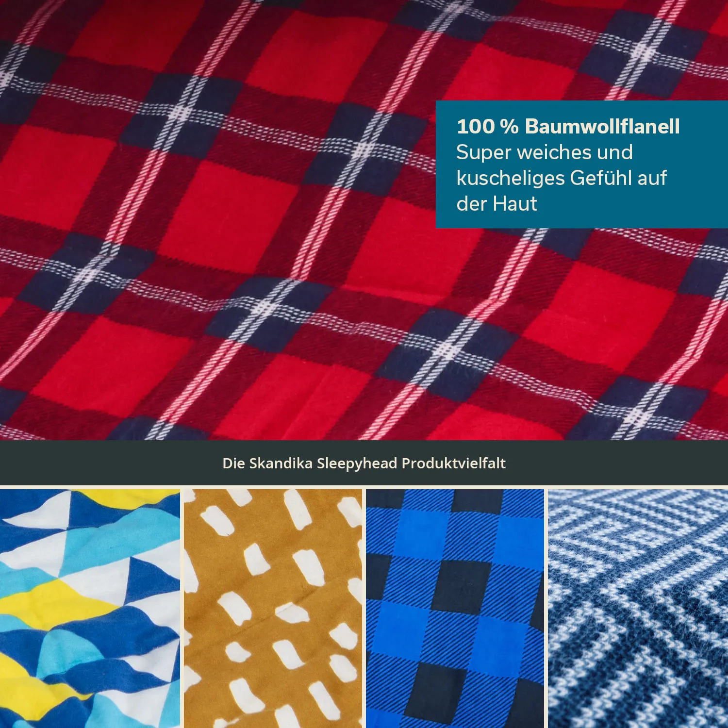 Ein rotes Karomuster aus Baumwollflanell und verschiedene andere Stoffmuster in blau und braun.
