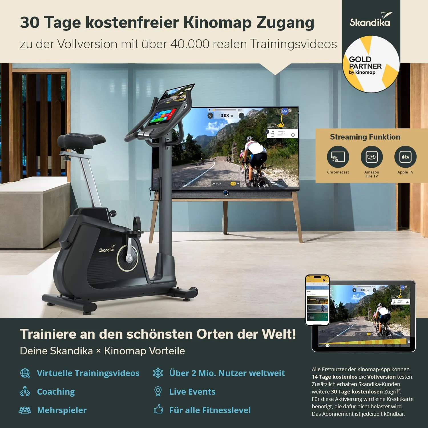 Ein stationäres Fahrrad steht im Vordergrund, daneben ein Fernseher, der eine Radfahr-Szene zeigt. Unten sind Informationen zu Trainingsvorteilen und Streaming-Funktionen in deutscher Sprache.